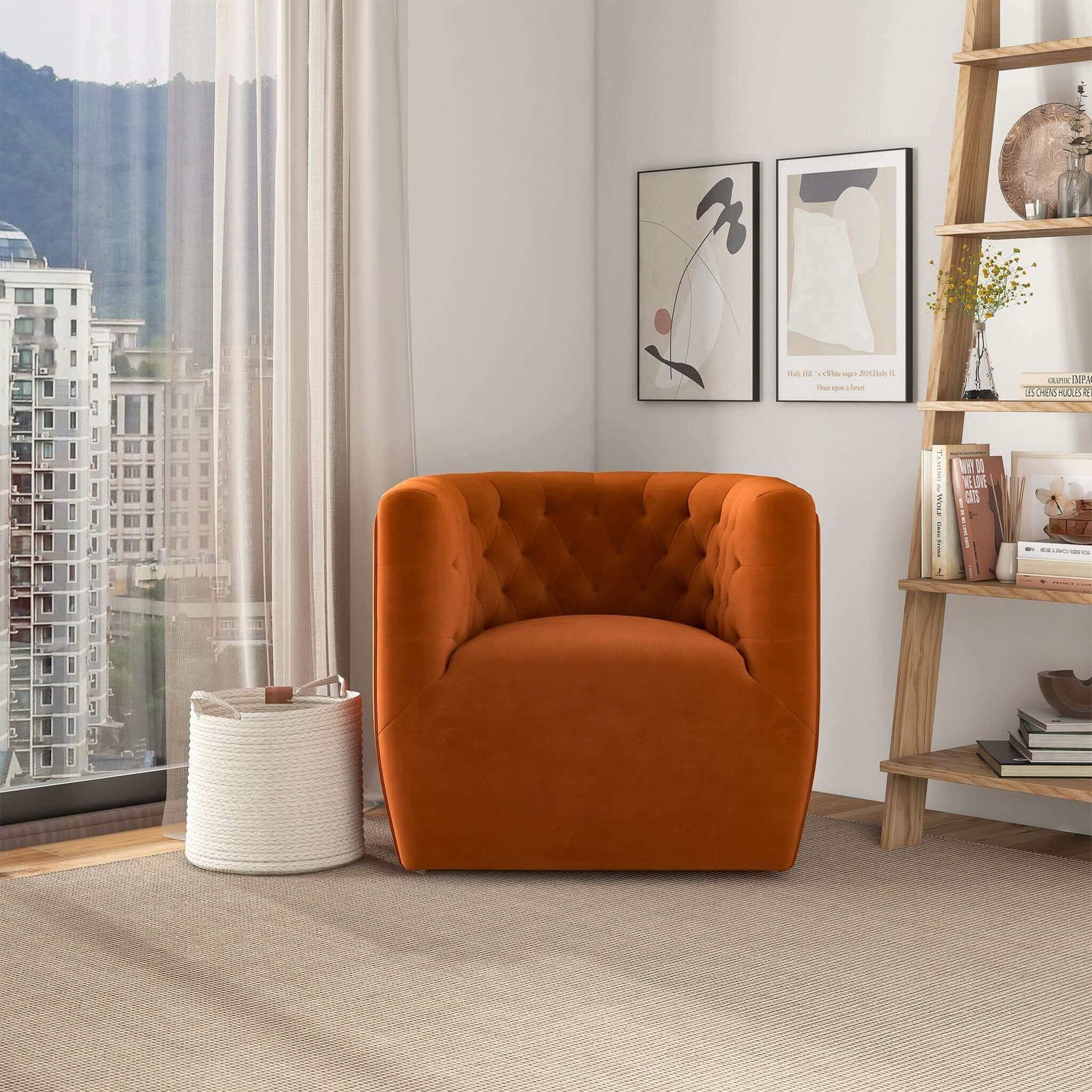 THE FURNITURE CO. Swivel Chair Luxury Burnt Orange Velvet Swivel Chair for Stylish Living Spaces