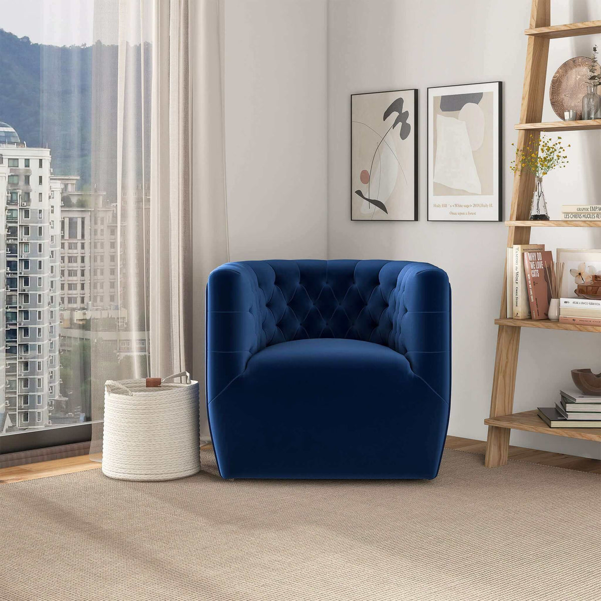 THE FURNITURE CO. Swivel Chair Luxury Dark Blue Velvet Swivel Chair for Elegant Living Spaces