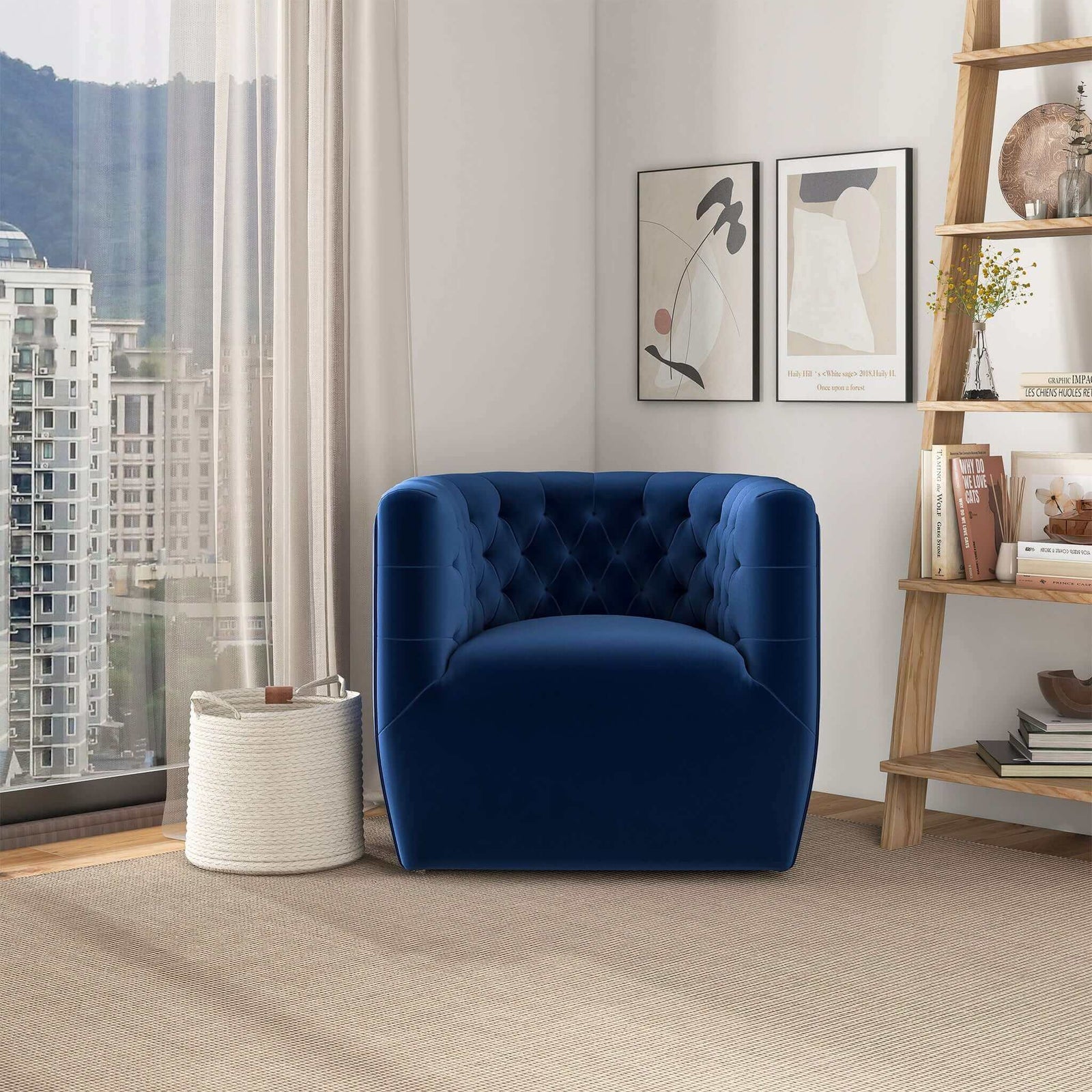 THE FURNITURE CO. Swivel Chair Luxury Dark Blue Velvet Swivel Chair for Elegant Living Spaces
