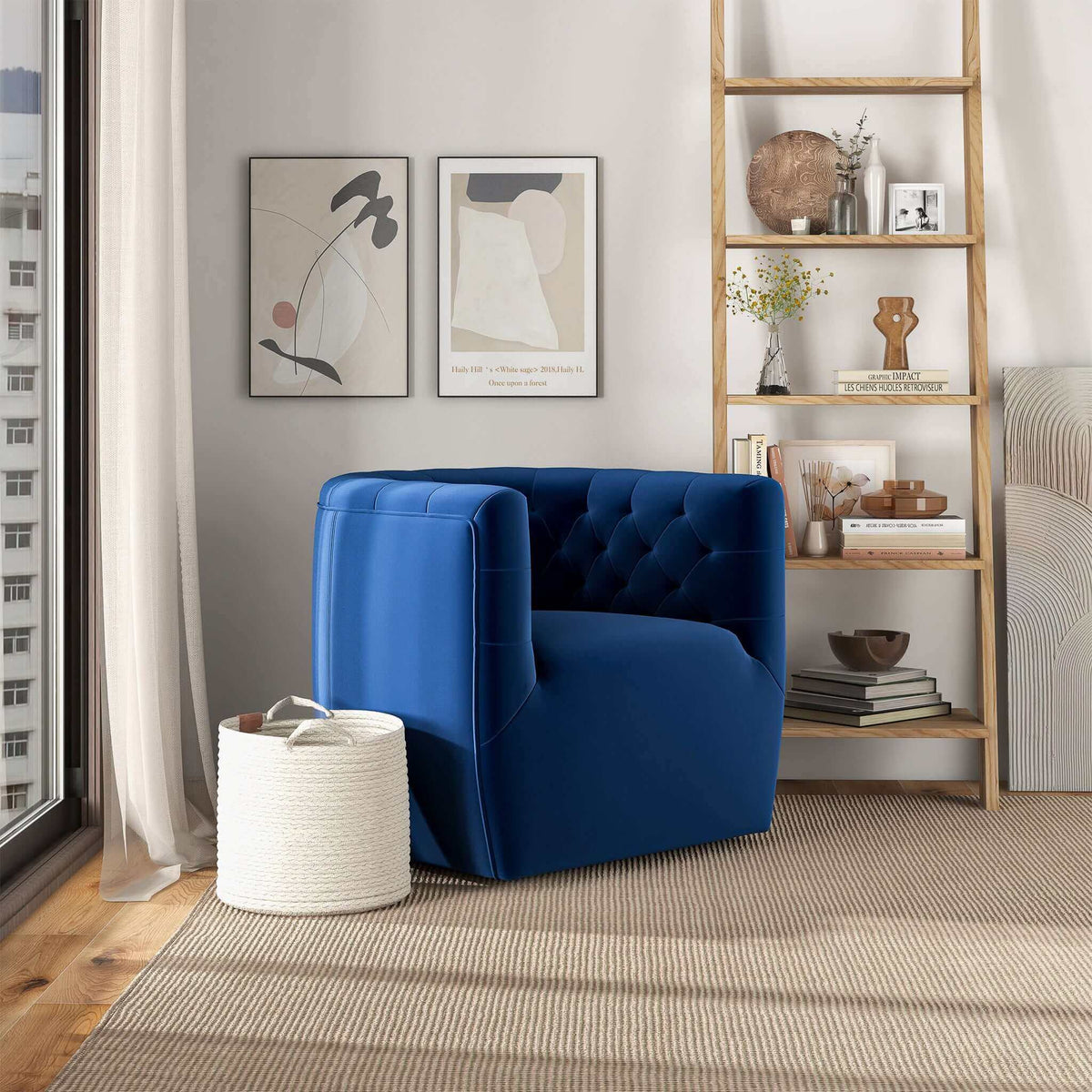 THE FURNITURE CO. Swivel Chair Luxury Dark Blue Velvet Swivel Chair for Elegant Living Spaces