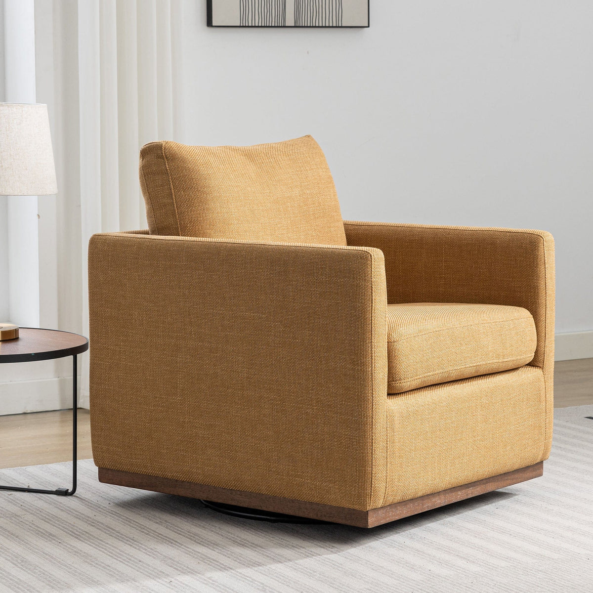 THE FURNITURE CO. Swivel Chair Mid Century Modern Mustard Yellow Linen Swivel Chair