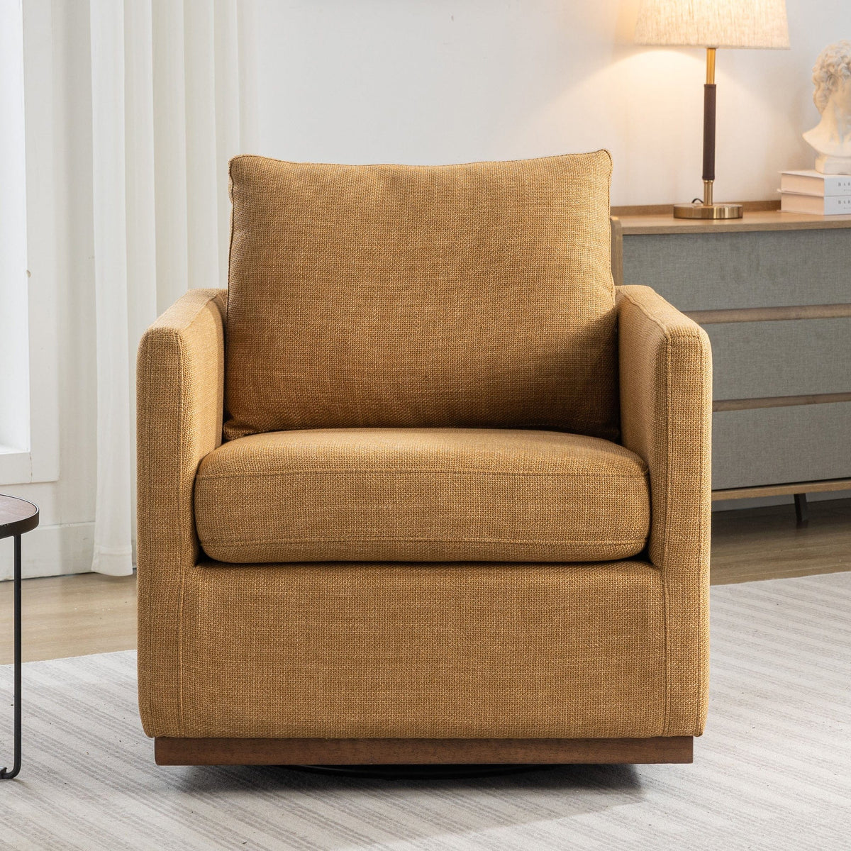 THE FURNITURE CO. Swivel Chair Mid Century Modern Mustard Yellow Linen Swivel Chair