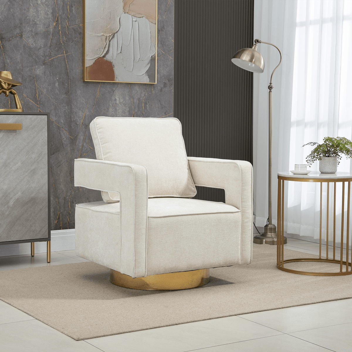 THE FURNITURE CO. Swivel Chair Open Back Beige Chenille Swivel Accent Chair With Gold Stainless Steel Base