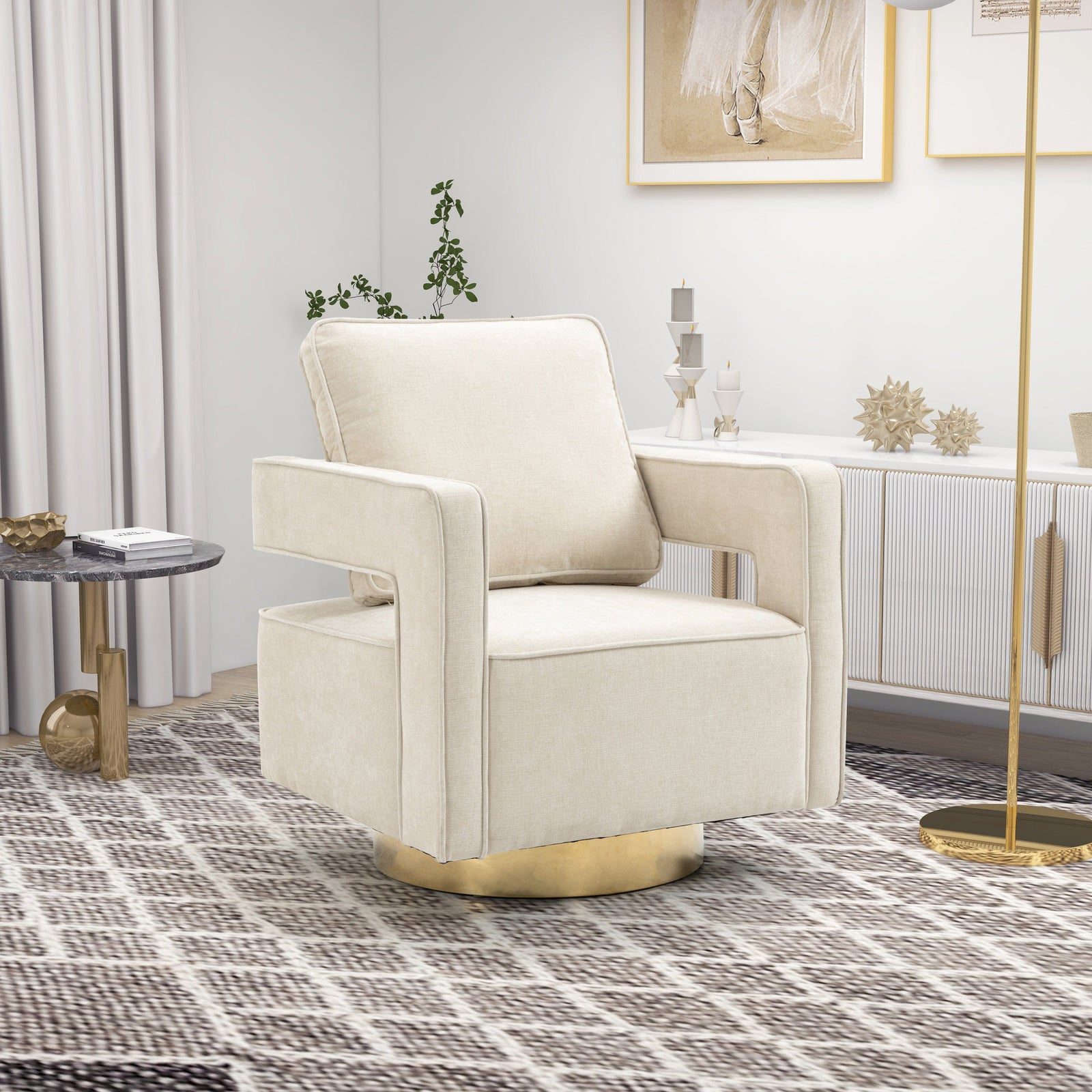 THE FURNITURE CO. Swivel Chair Open Back Beige Chenille Swivel Accent Chair With Gold Stainless Steel Base
