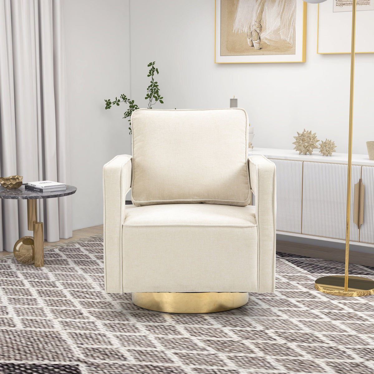 THE FURNITURE CO. Swivel Chair Open Back Beige Chenille Swivel Accent Chair With Gold Stainless Steel Base