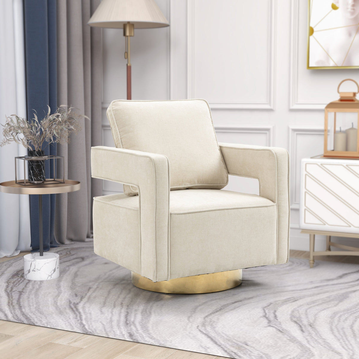 THE FURNITURE CO. Swivel Chair Open Back Beige Chenille Swivel Accent Chair With Gold Stainless Steel Base