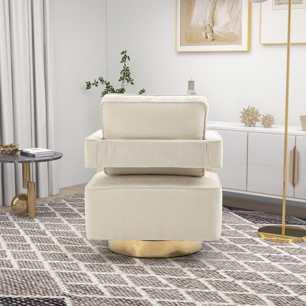 THE FURNITURE CO. Swivel Chair Open Back Beige Chenille Swivel Accent Chair With Gold Stainless Steel Base