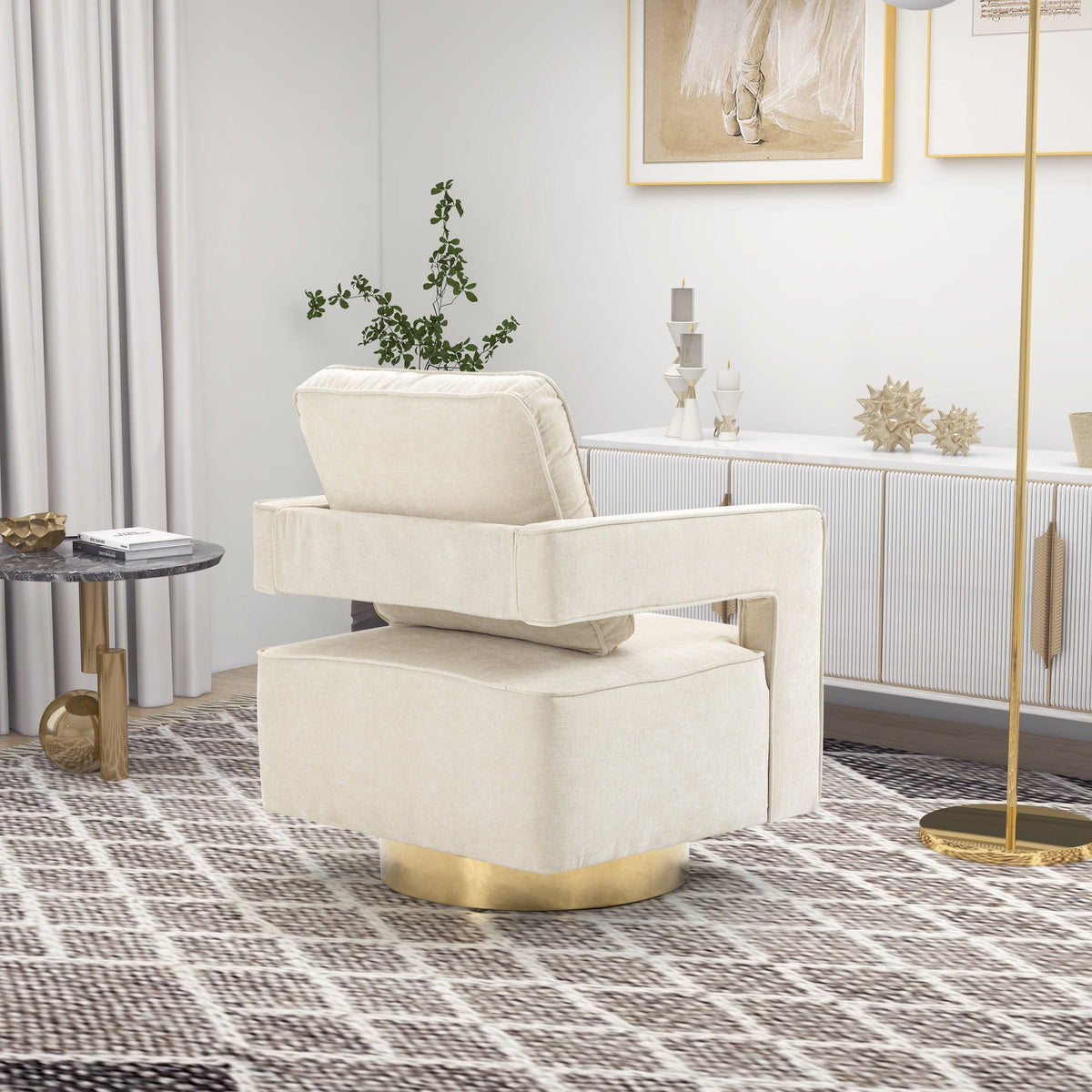 THE FURNITURE CO. Swivel Chair Open Back Beige Chenille Swivel Accent Chair With Gold Stainless Steel Base
