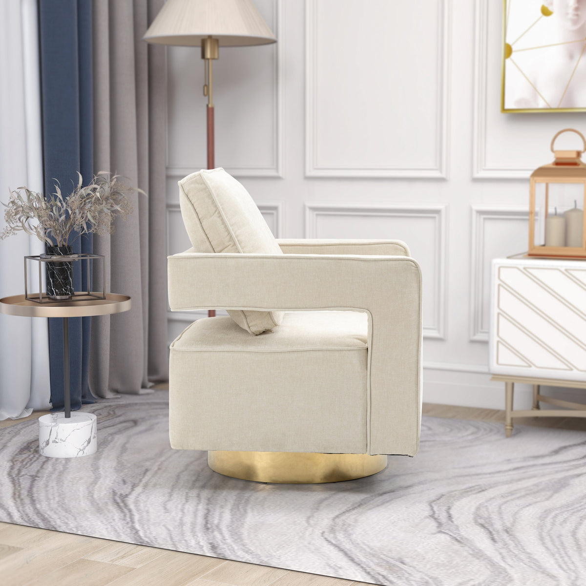 THE FURNITURE CO. Swivel Chair Open Back Beige Chenille Swivel Accent Chair With Gold Stainless Steel Base
