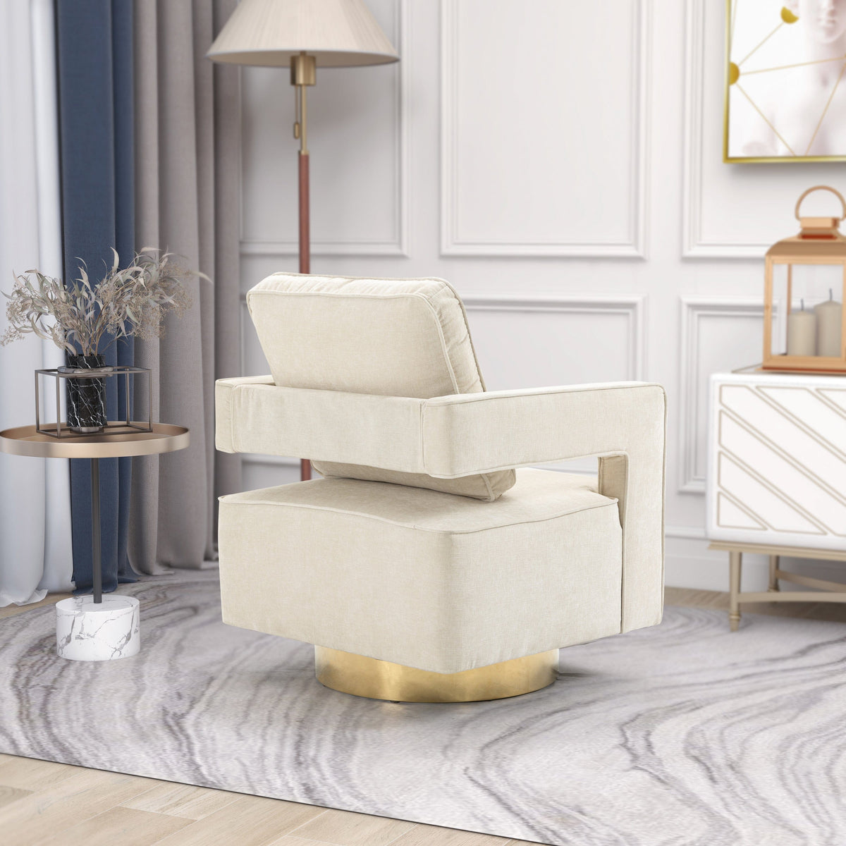 THE FURNITURE CO. Swivel Chair Open Back Beige Chenille Swivel Accent Chair With Gold Stainless Steel Base