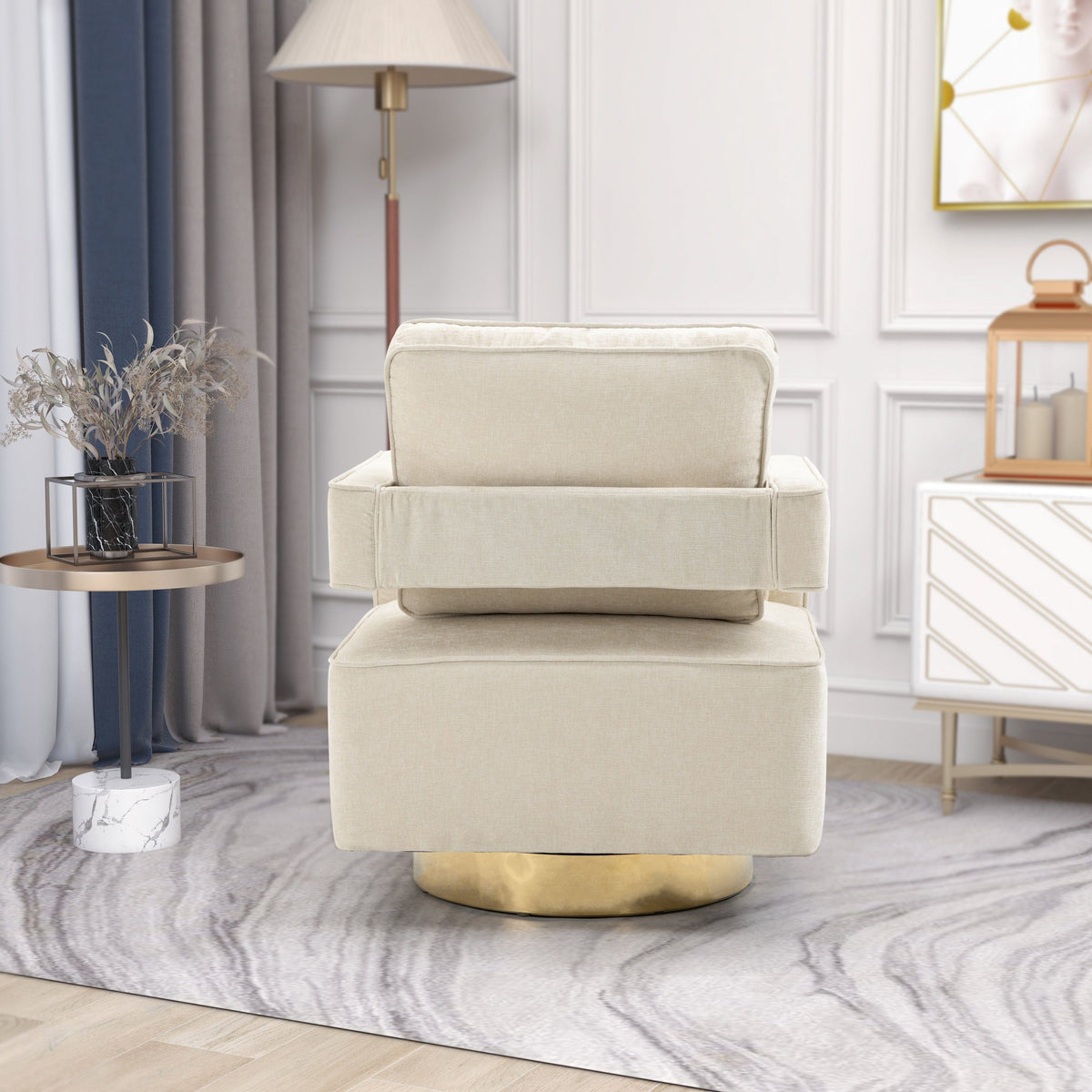 THE FURNITURE CO. Swivel Chair Open Back Beige Chenille Swivel Accent Chair With Gold Stainless Steel Base