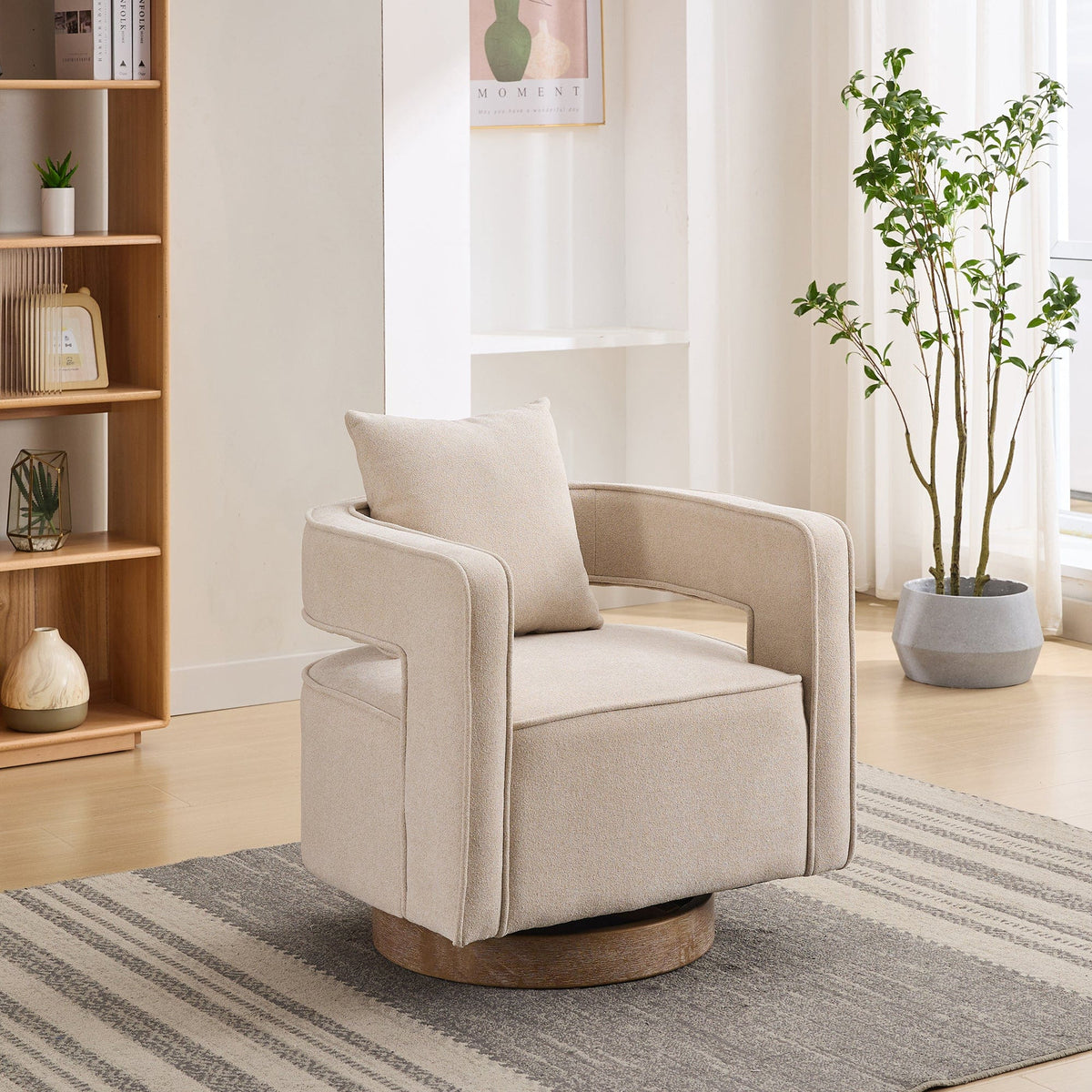 THE FURNITURE CO. Swivel Chair Open Back Beige Linen Blend Swivel Accent Chair With Weathered Base