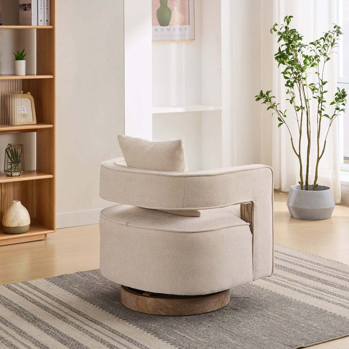 THE FURNITURE CO. Swivel Chair Open Back Beige Linen Blend Swivel Accent Chair With Weathered Base