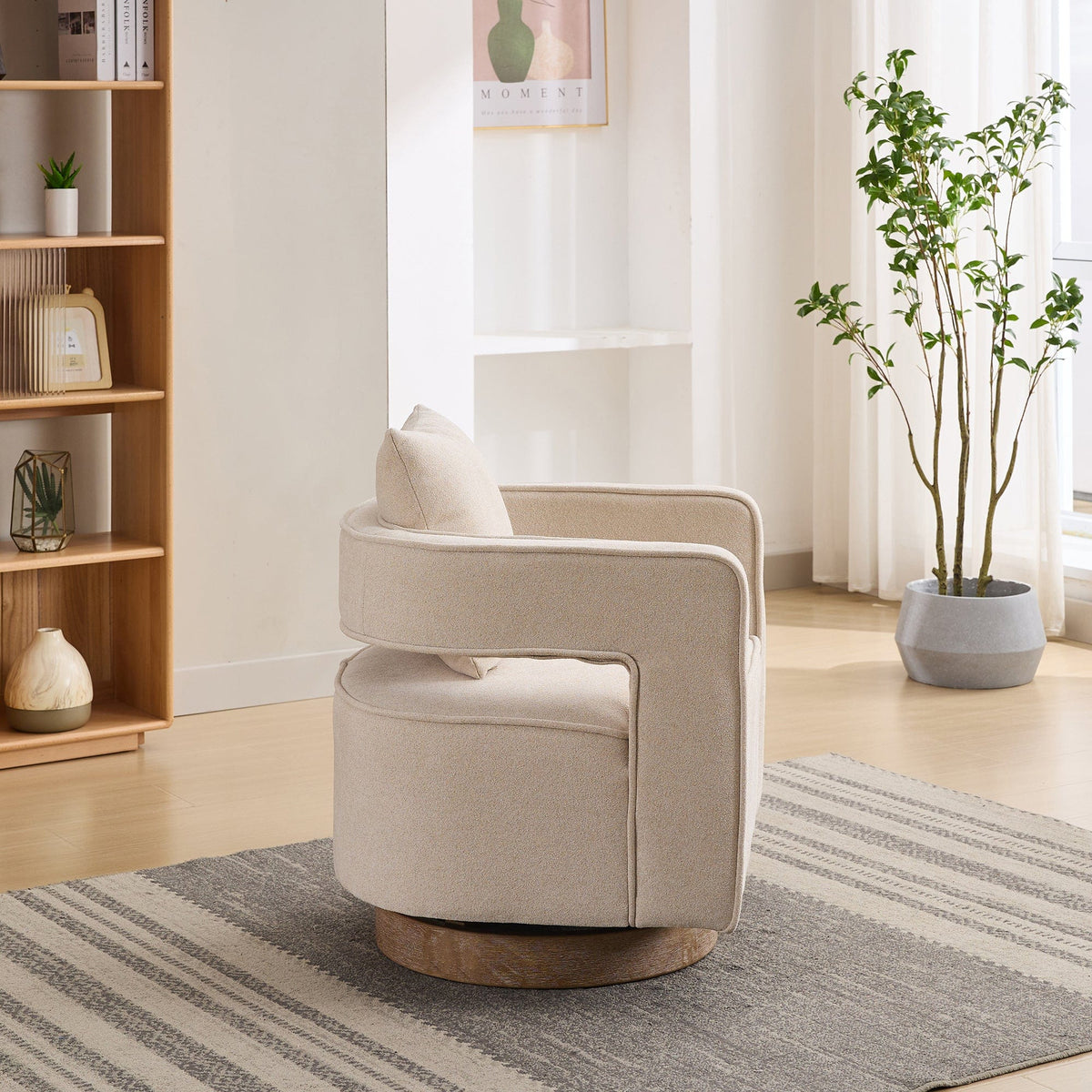 THE FURNITURE CO. Swivel Chair Open Back Beige Linen Blend Swivel Accent Chair With Weathered Base