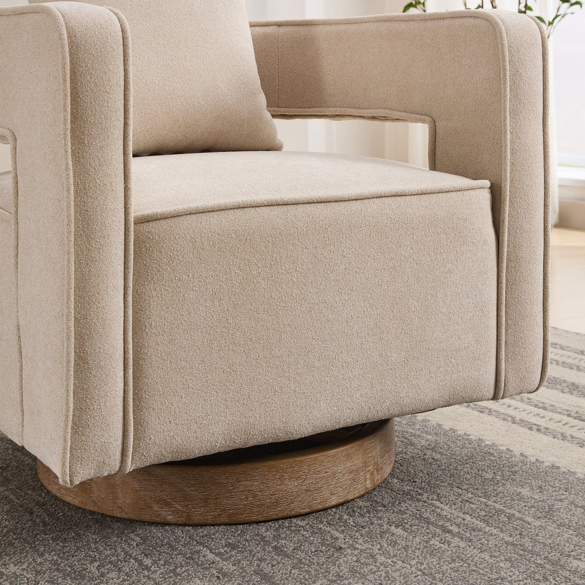 THE FURNITURE CO. Swivel Chair Open Back Beige Linen Blend Swivel Accent Chair With Weathered Base