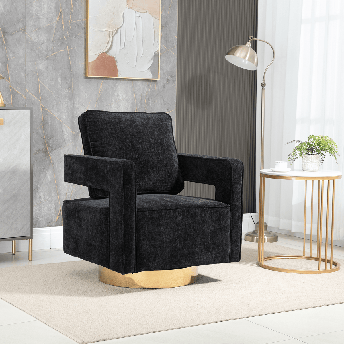 THE FURNITURE CO. Swivel Chair Open Back Black Chenille Swivel Accent Chair With Gold Stainless Steel Base