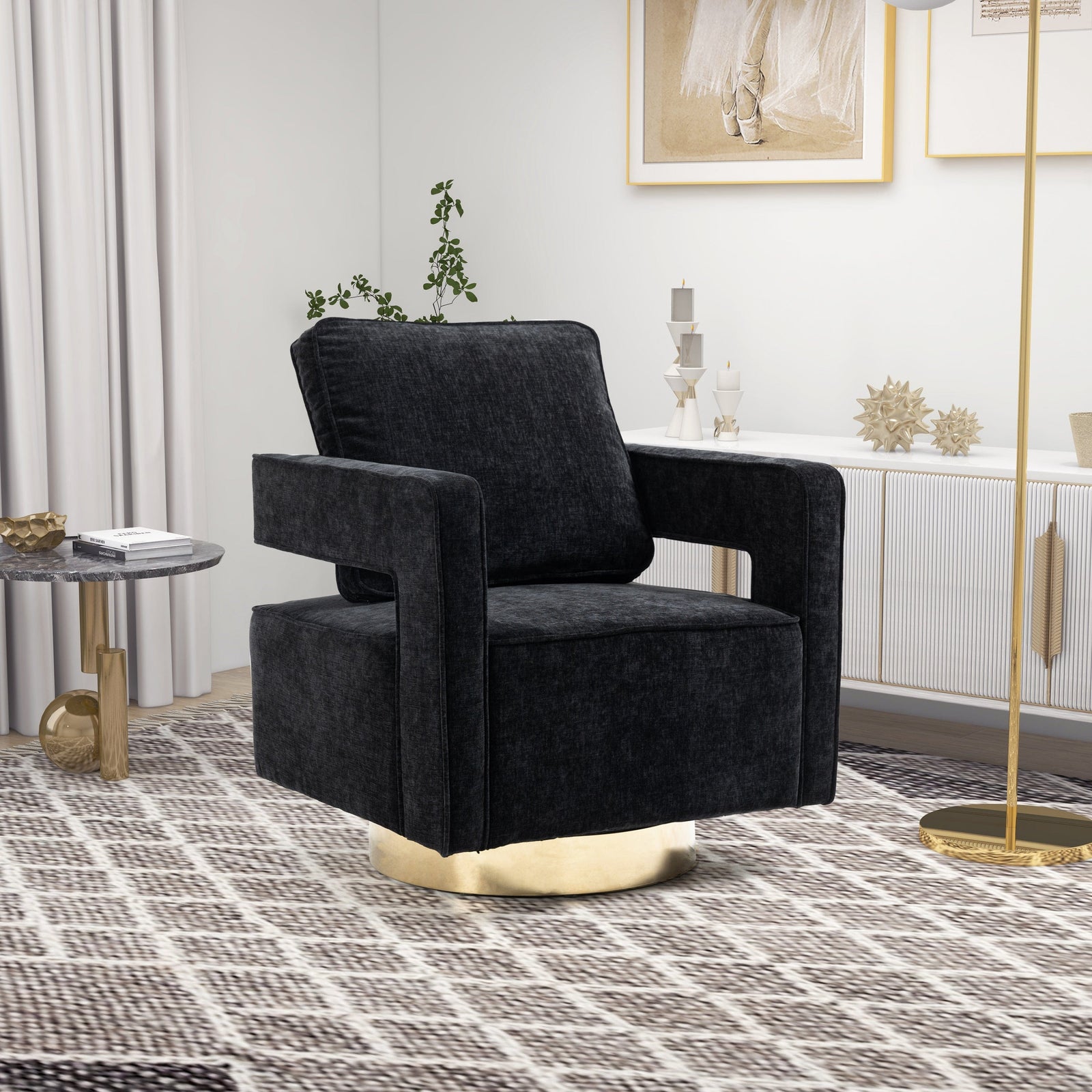 THE FURNITURE CO. Swivel Chair Open Back Black Chenille Swivel Accent Chair With Gold Stainless Steel Base