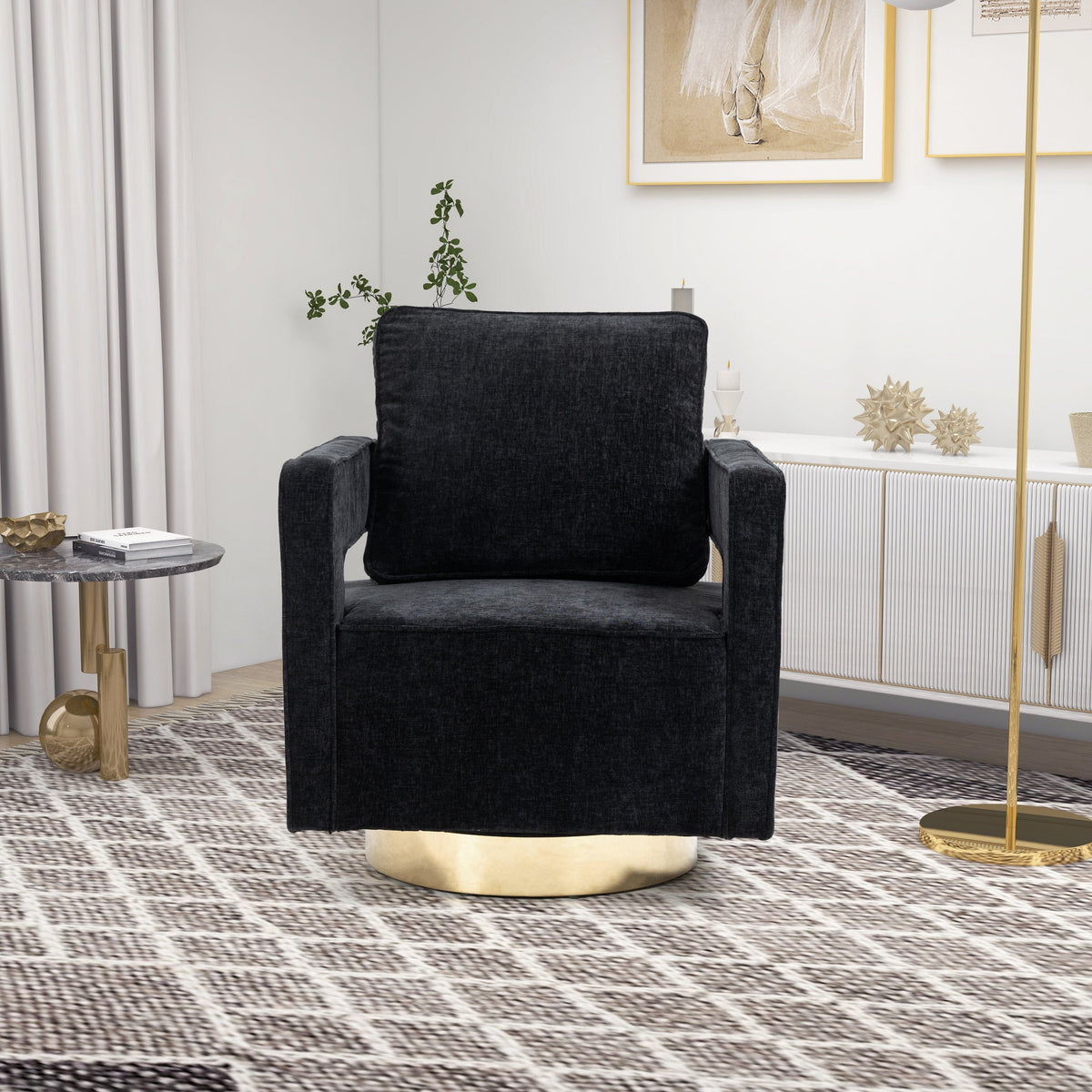 THE FURNITURE CO. Swivel Chair Open Back Black Chenille Swivel Accent Chair With Gold Stainless Steel Base
