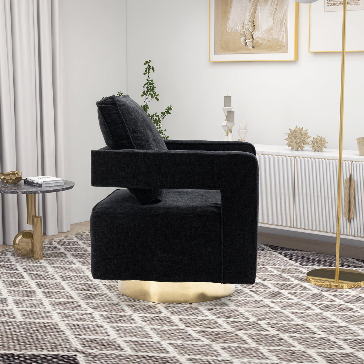 THE FURNITURE CO. Swivel Chair Open Back Black Chenille Swivel Accent Chair With Gold Stainless Steel Base