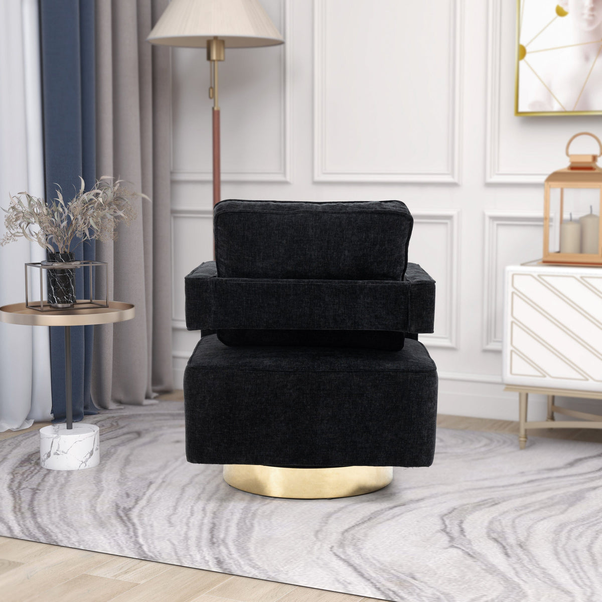 THE FURNITURE CO. Swivel Chair Open Back Black Chenille Swivel Accent Chair With Gold Stainless Steel Base