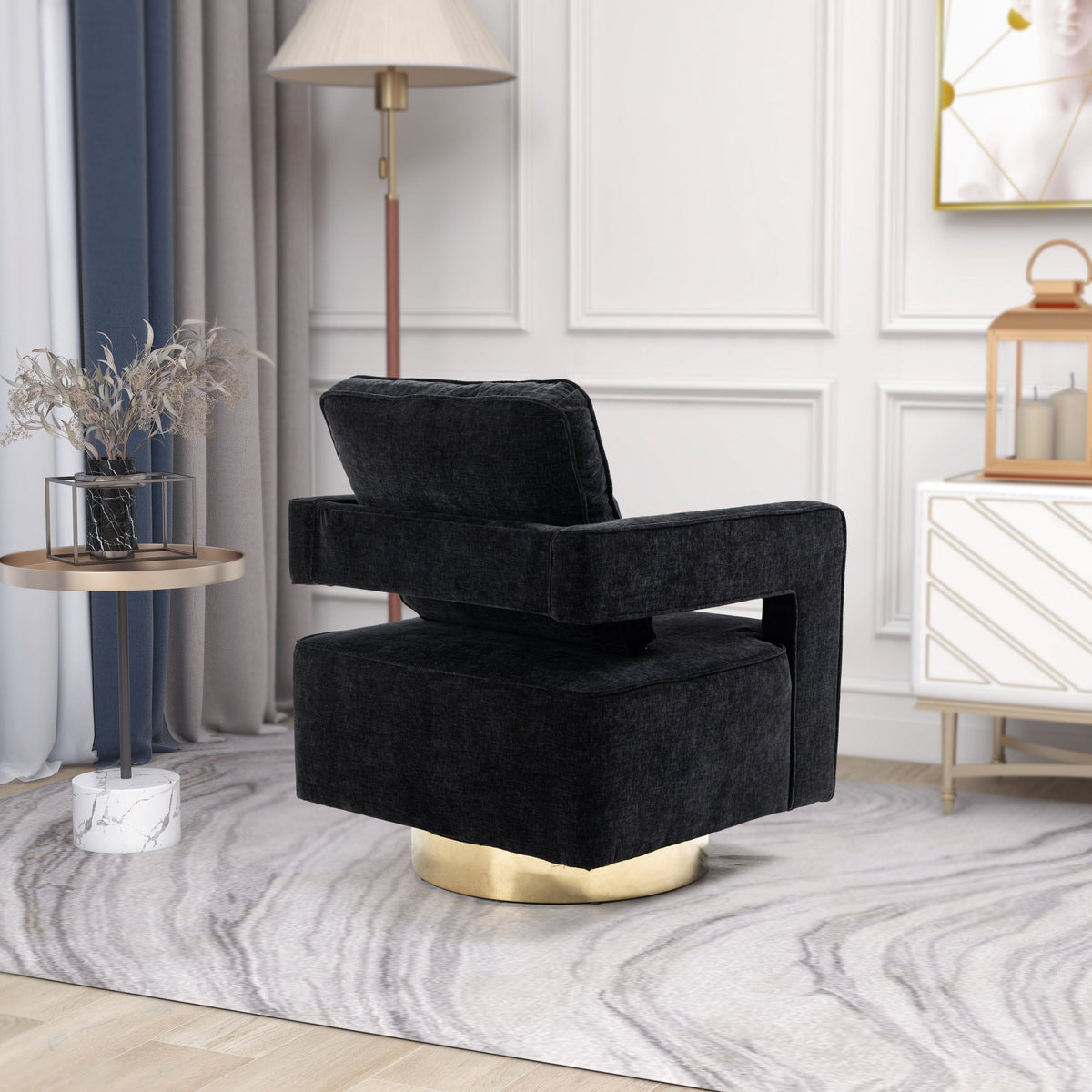 THE FURNITURE CO. Swivel Chair Open Back Black Chenille Swivel Accent Chair With Gold Stainless Steel Base