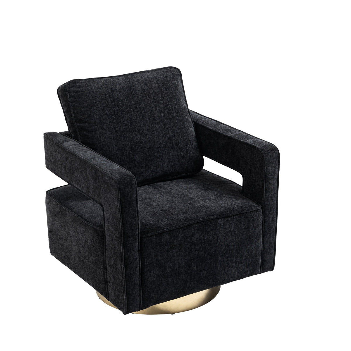 THE FURNITURE CO. Swivel Chair Open Back Black Chenille Swivel Accent Chair With Gold Stainless Steel Base