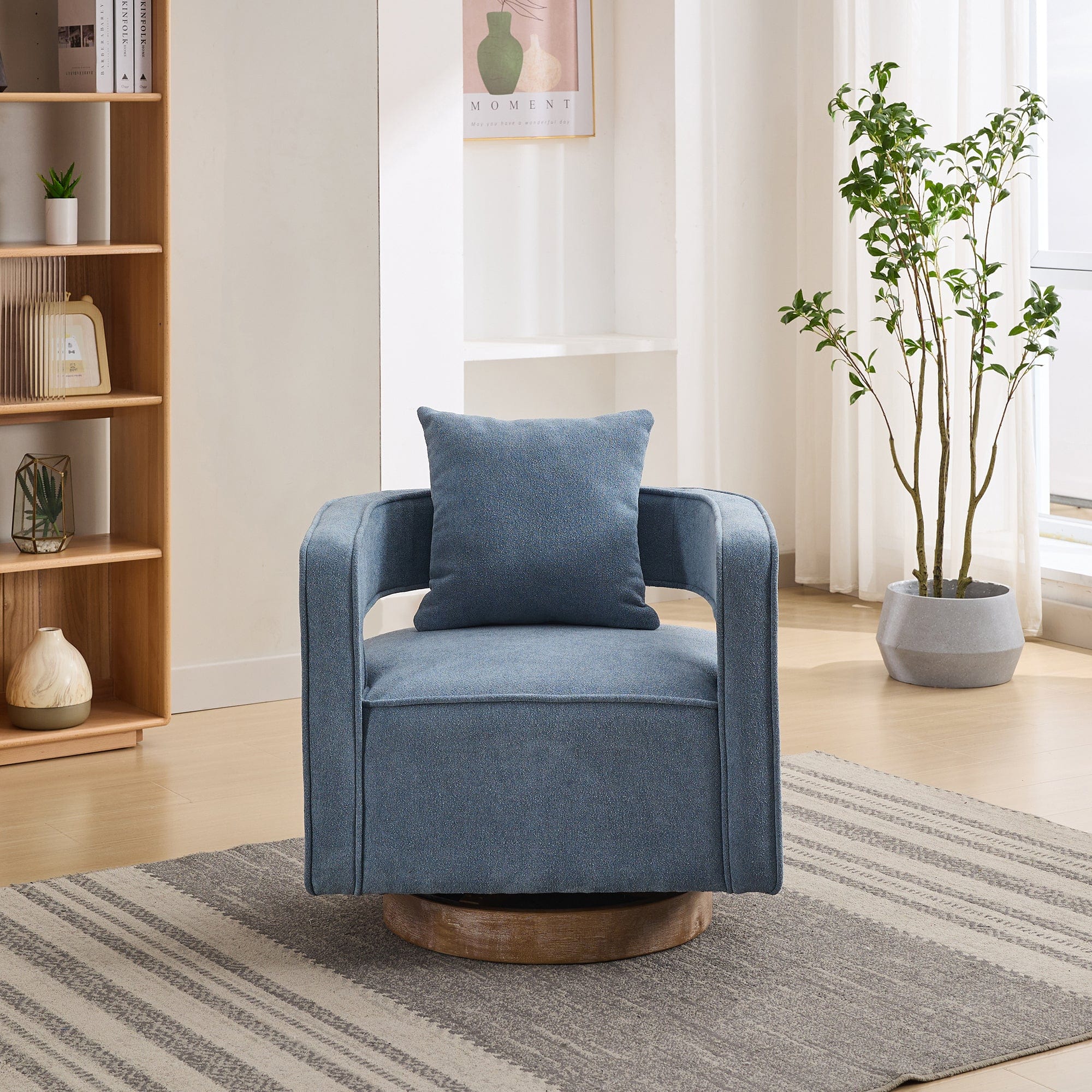THE FURNITURE CO. Swivel Chair Open Back Blue Linen Blend Swivel Accent Chair With Weathered Base