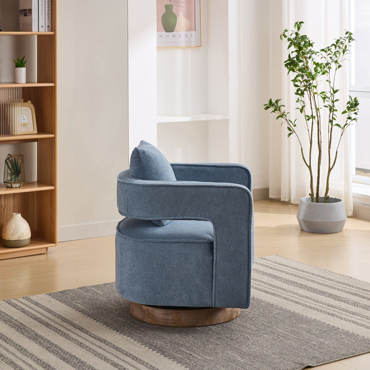 THE FURNITURE CO. Swivel Chair Open Back Blue Linen Blend Swivel Accent Chair With Weathered Base