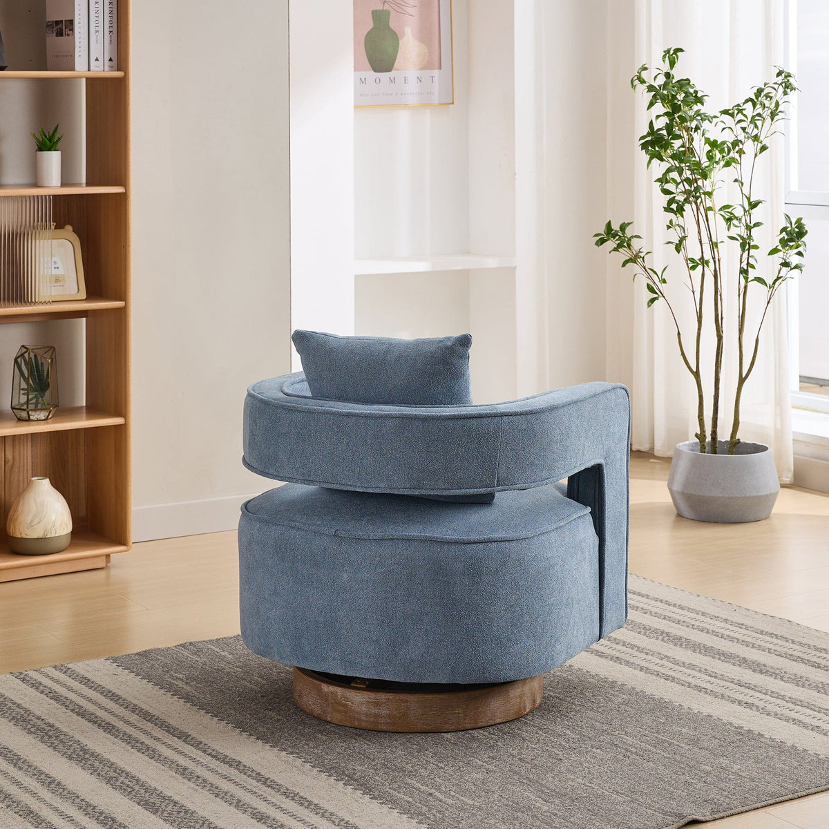 THE FURNITURE CO. Swivel Chair Open Back Blue Linen Blend Swivel Accent Chair With Weathered Base