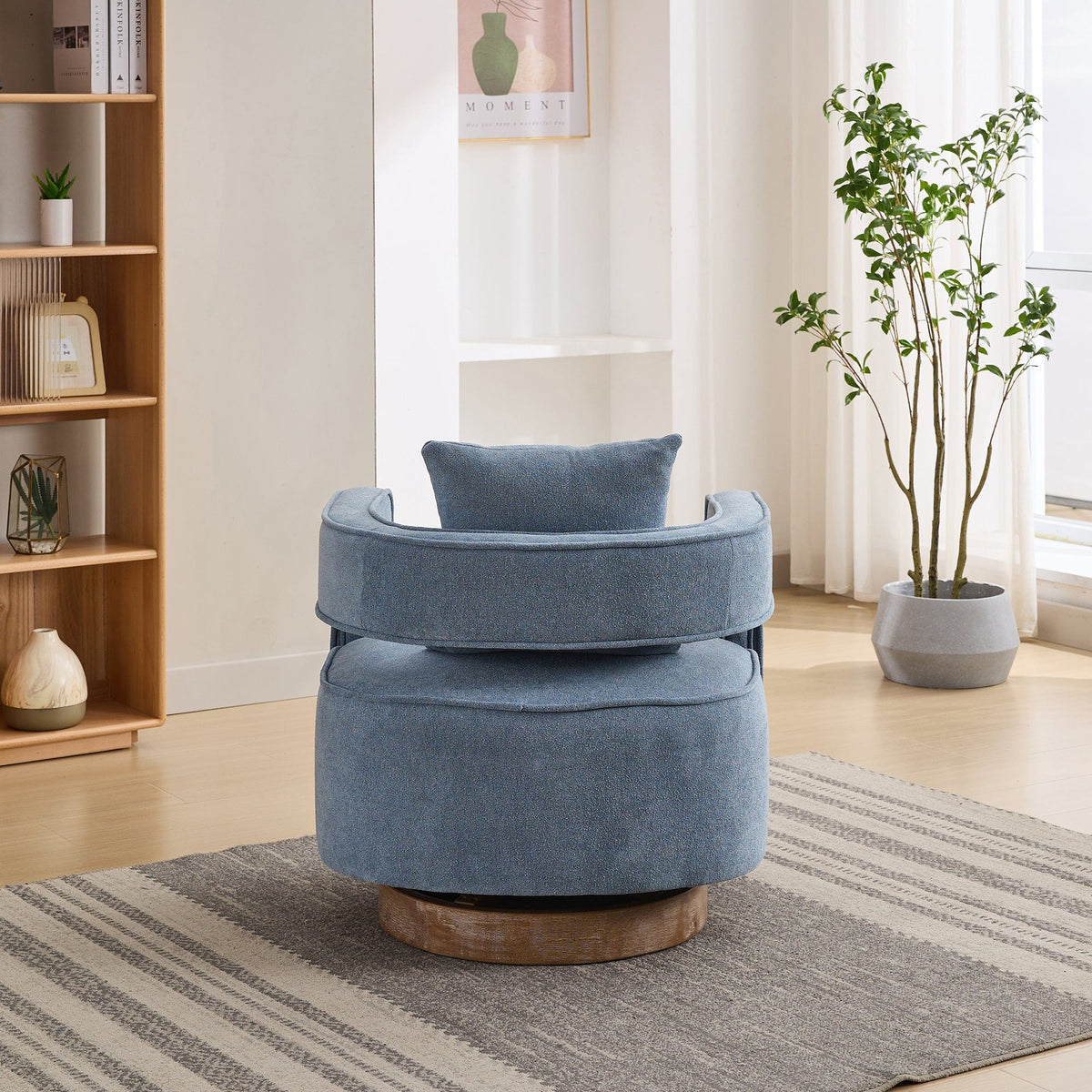 THE FURNITURE CO. Swivel Chair Open Back Blue Linen Blend Swivel Accent Chair With Weathered Base