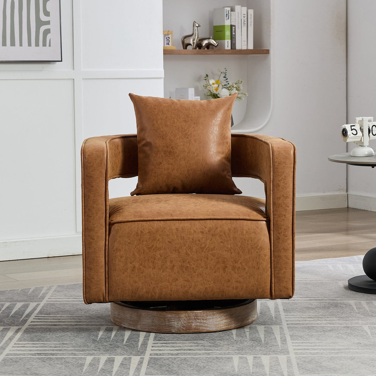 THE FURNITURE CO. Swivel Chair Open Back Brown Swivel Barrel Chair With Weathered Base