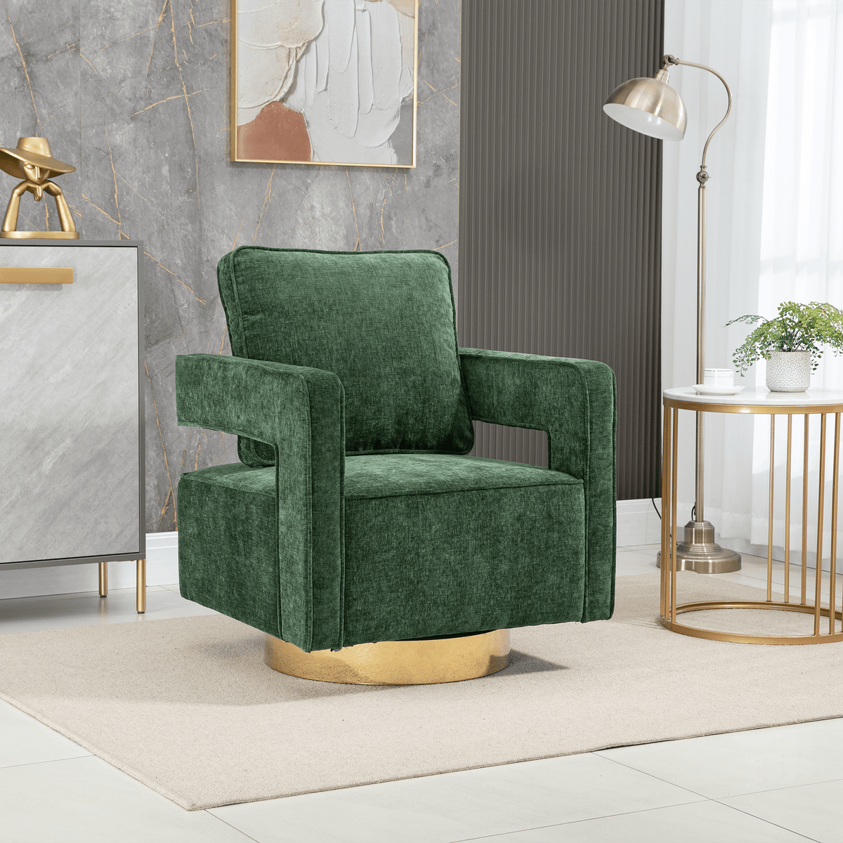 THE FURNITURE CO. Swivel Chair Open Back Chair Green Chenille Swivel Accent Chair With Gold Stainless Steel Base