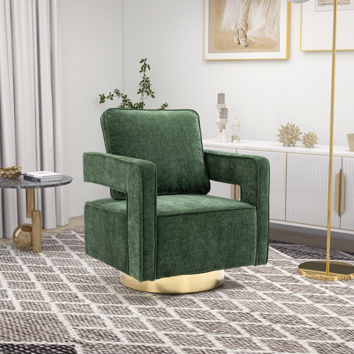 THE FURNITURE CO. Swivel Chair Open Back Chair Green Chenille Swivel Accent Chair With Gold Stainless Steel Base