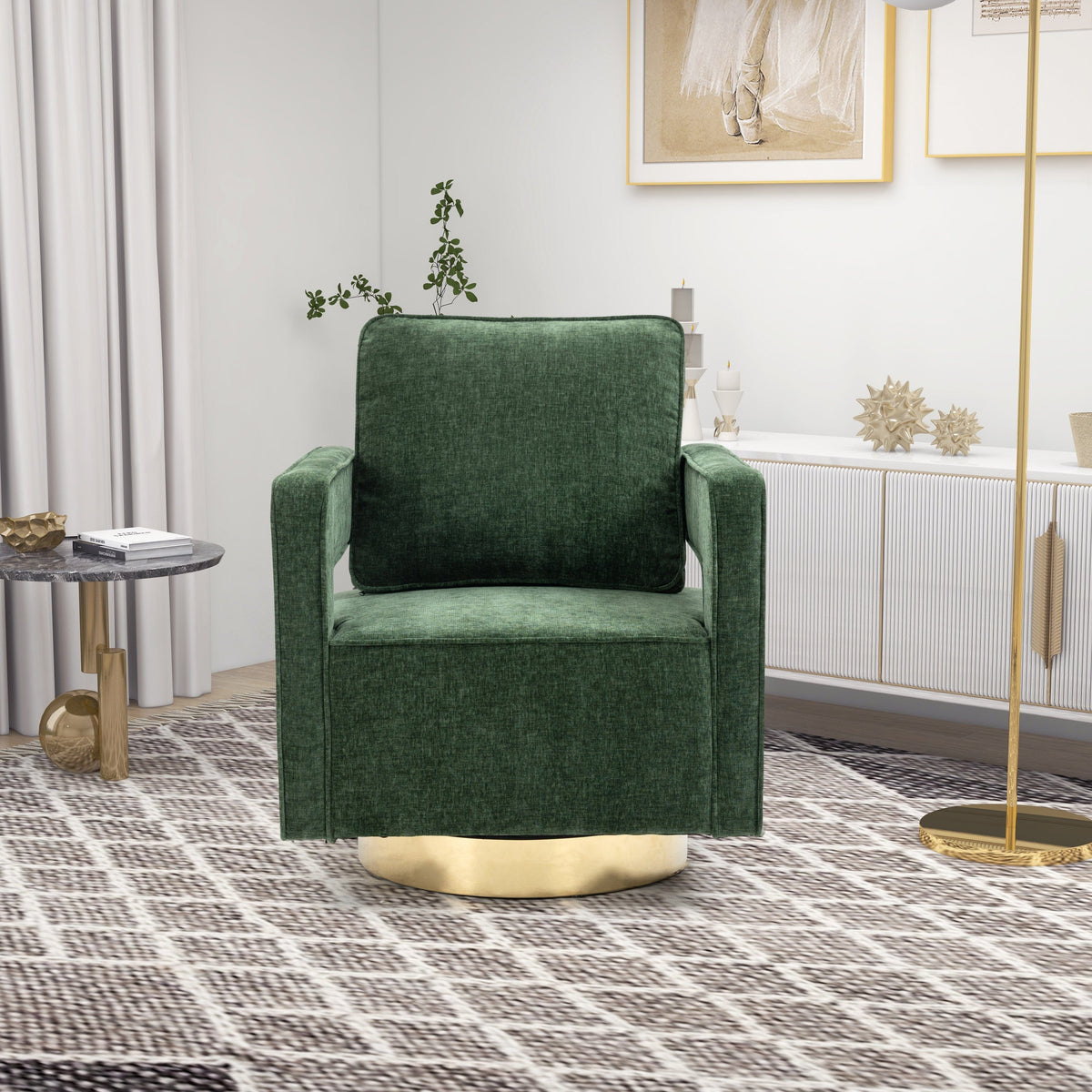 THE FURNITURE CO. Swivel Chair Open Back Chair Green Chenille Swivel Accent Chair With Gold Stainless Steel Base