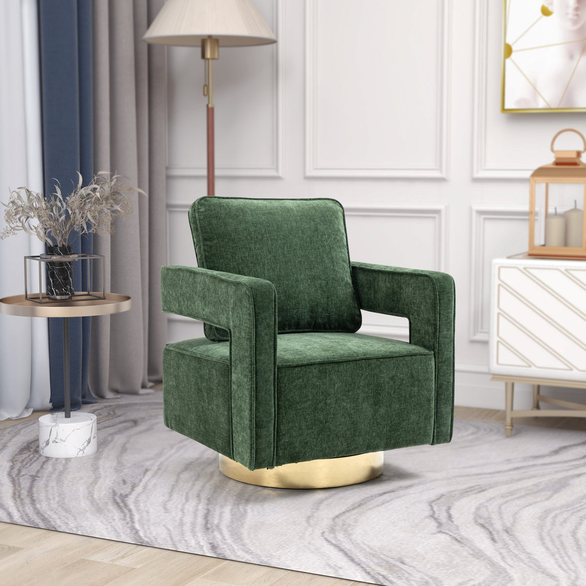 THE FURNITURE CO. Swivel Chair Open Back Chair Green Chenille Swivel Accent Chair With Gold Stainless Steel Base