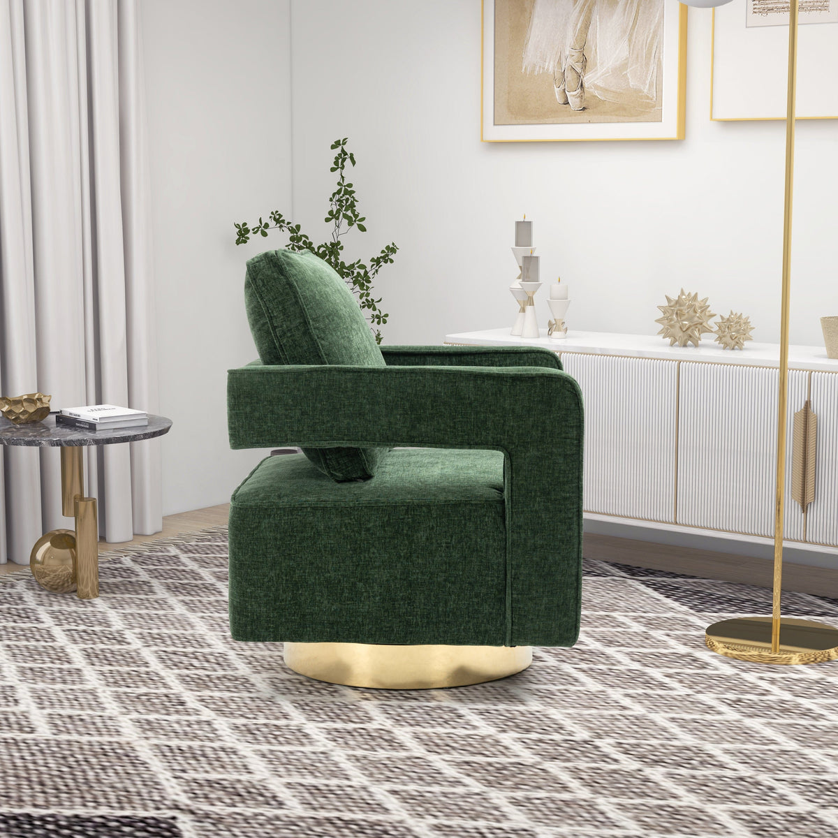 THE FURNITURE CO. Swivel Chair Open Back Chair Green Chenille Swivel Accent Chair With Gold Stainless Steel Base