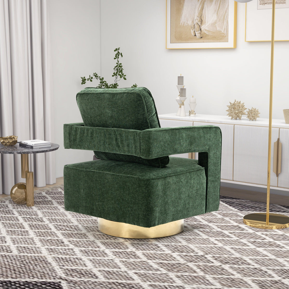 THE FURNITURE CO. Swivel Chair Open Back Chair Green Chenille Swivel Accent Chair With Gold Stainless Steel Base
