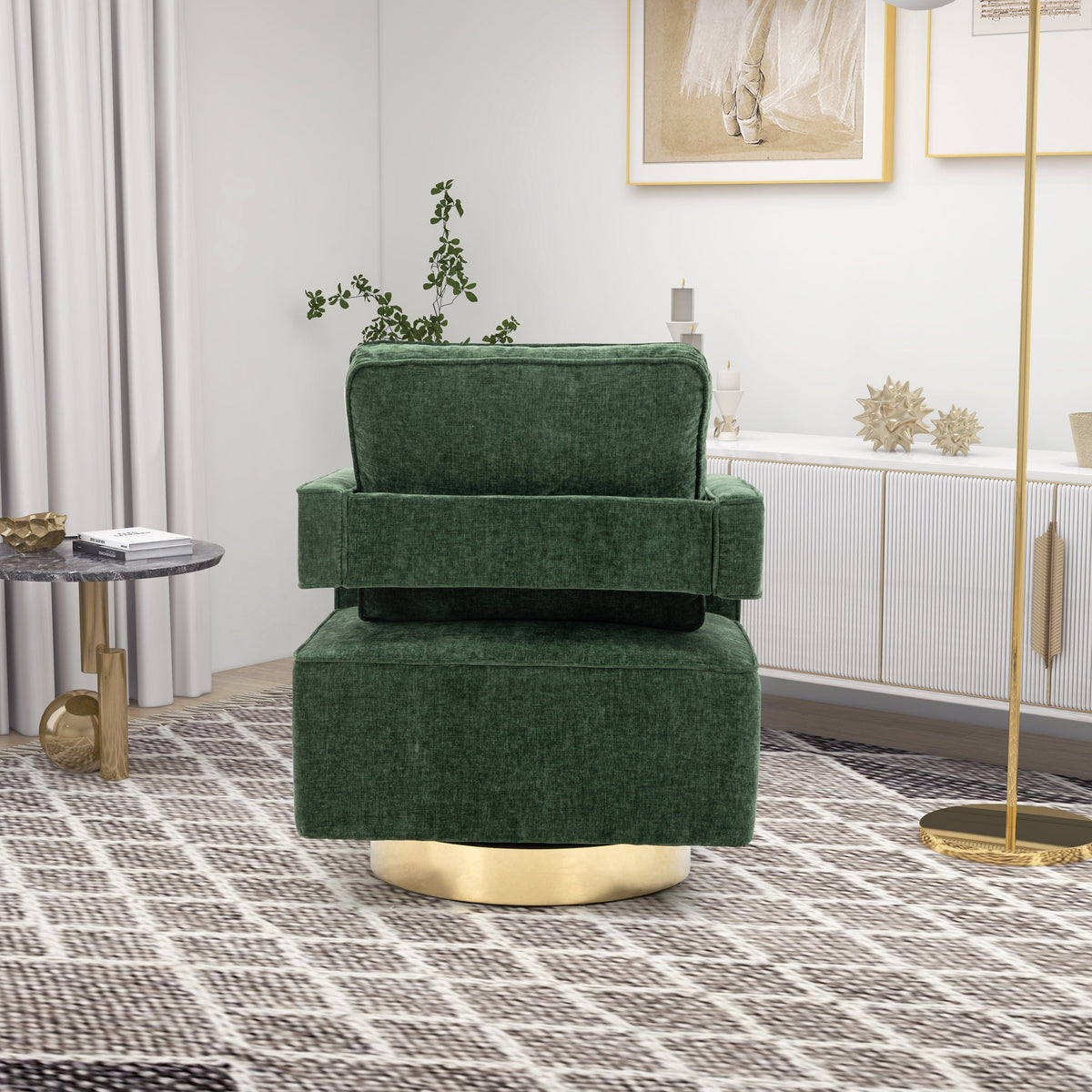 THE FURNITURE CO. Swivel Chair Open Back Chair Green Chenille Swivel Accent Chair With Gold Stainless Steel Base