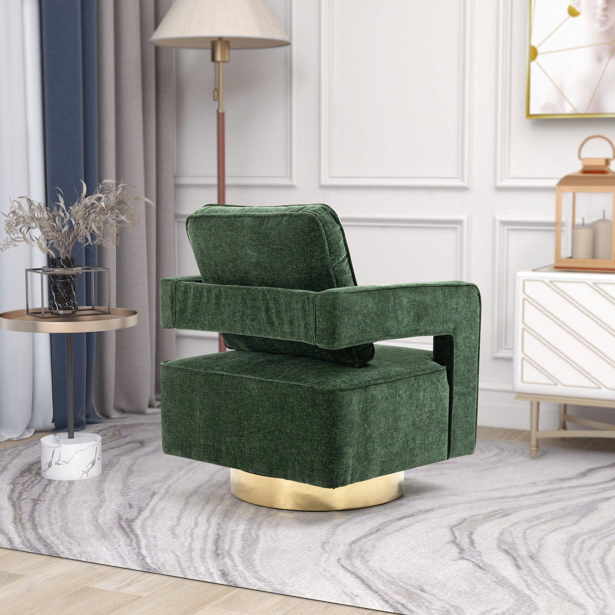 THE FURNITURE CO. Swivel Chair Open Back Chair Green Chenille Swivel Accent Chair With Gold Stainless Steel Base