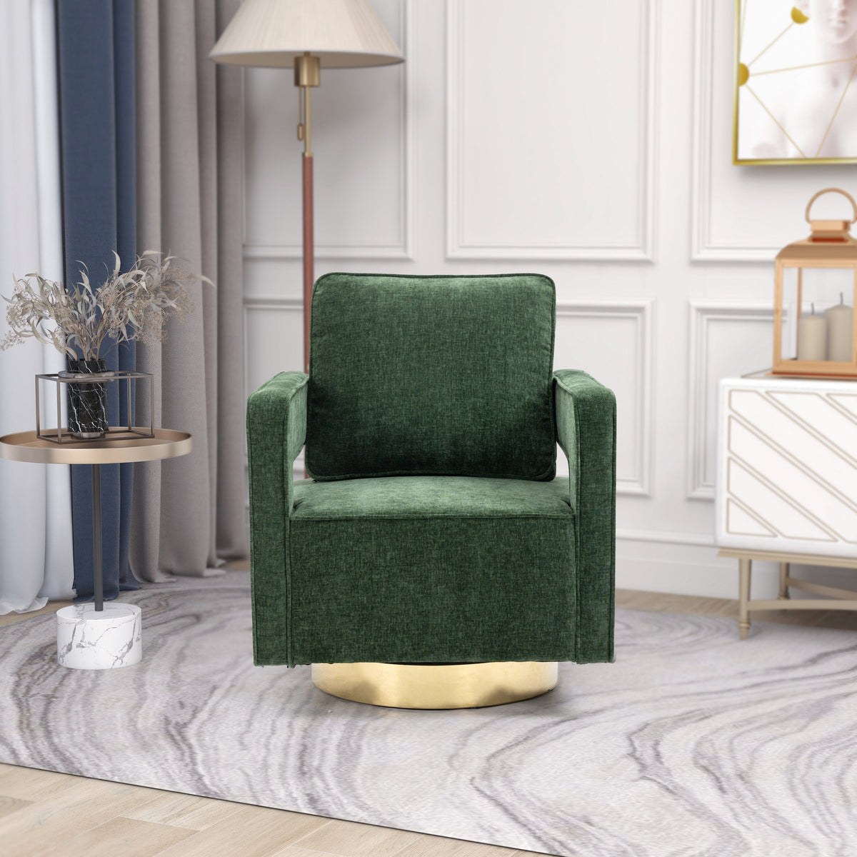 THE FURNITURE CO. Swivel Chair Open Back Chair Green Chenille Swivel Accent Chair With Gold Stainless Steel Base