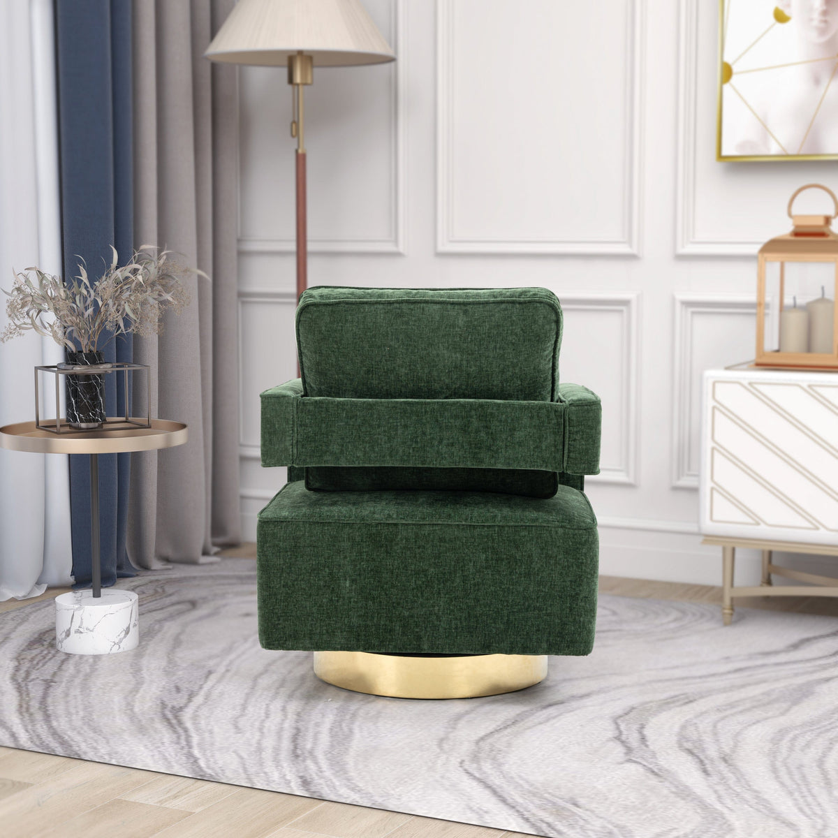 THE FURNITURE CO. Swivel Chair Open Back Chair Green Chenille Swivel Accent Chair With Gold Stainless Steel Base