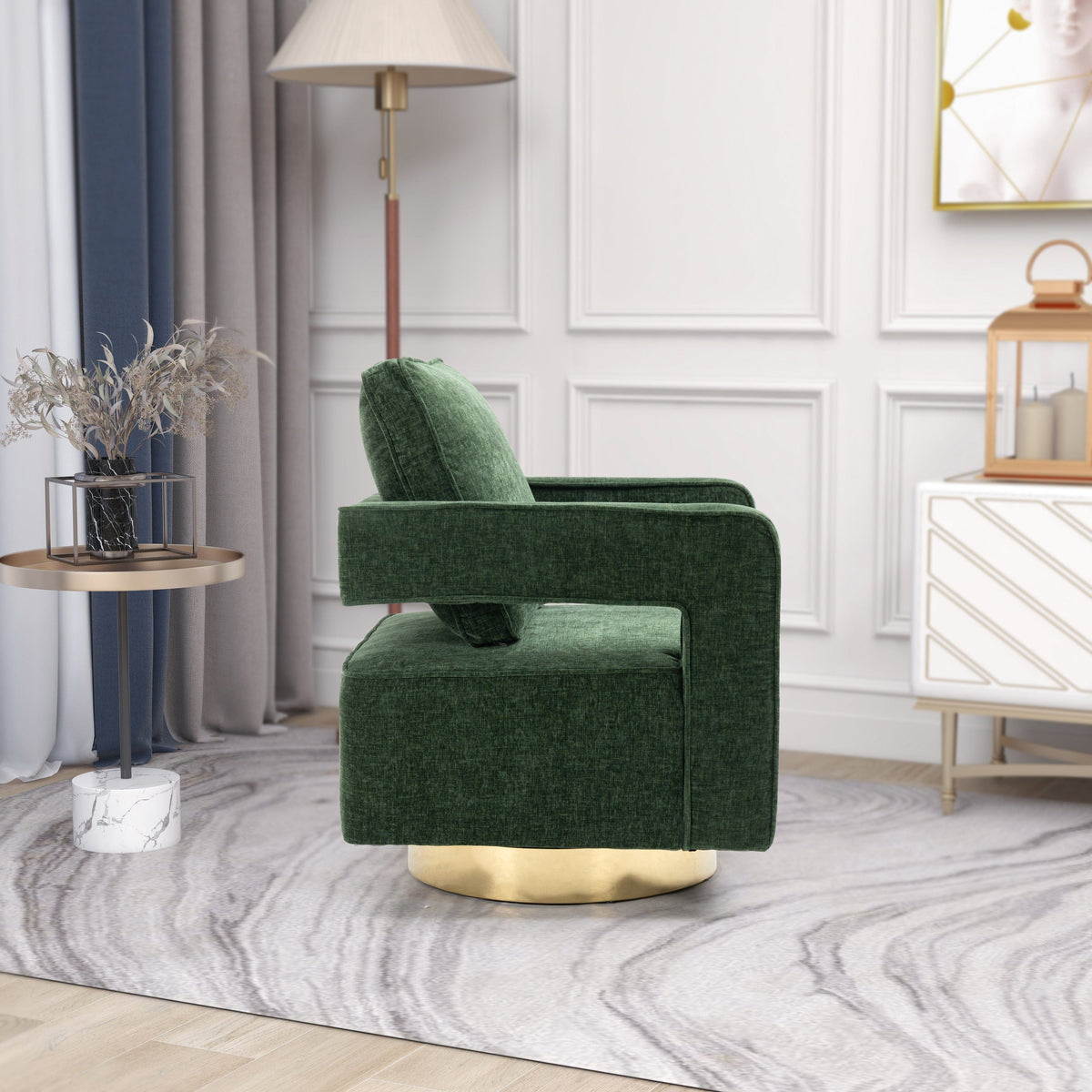 THE FURNITURE CO. Swivel Chair Open Back Chair Green Chenille Swivel Accent Chair With Gold Stainless Steel Base