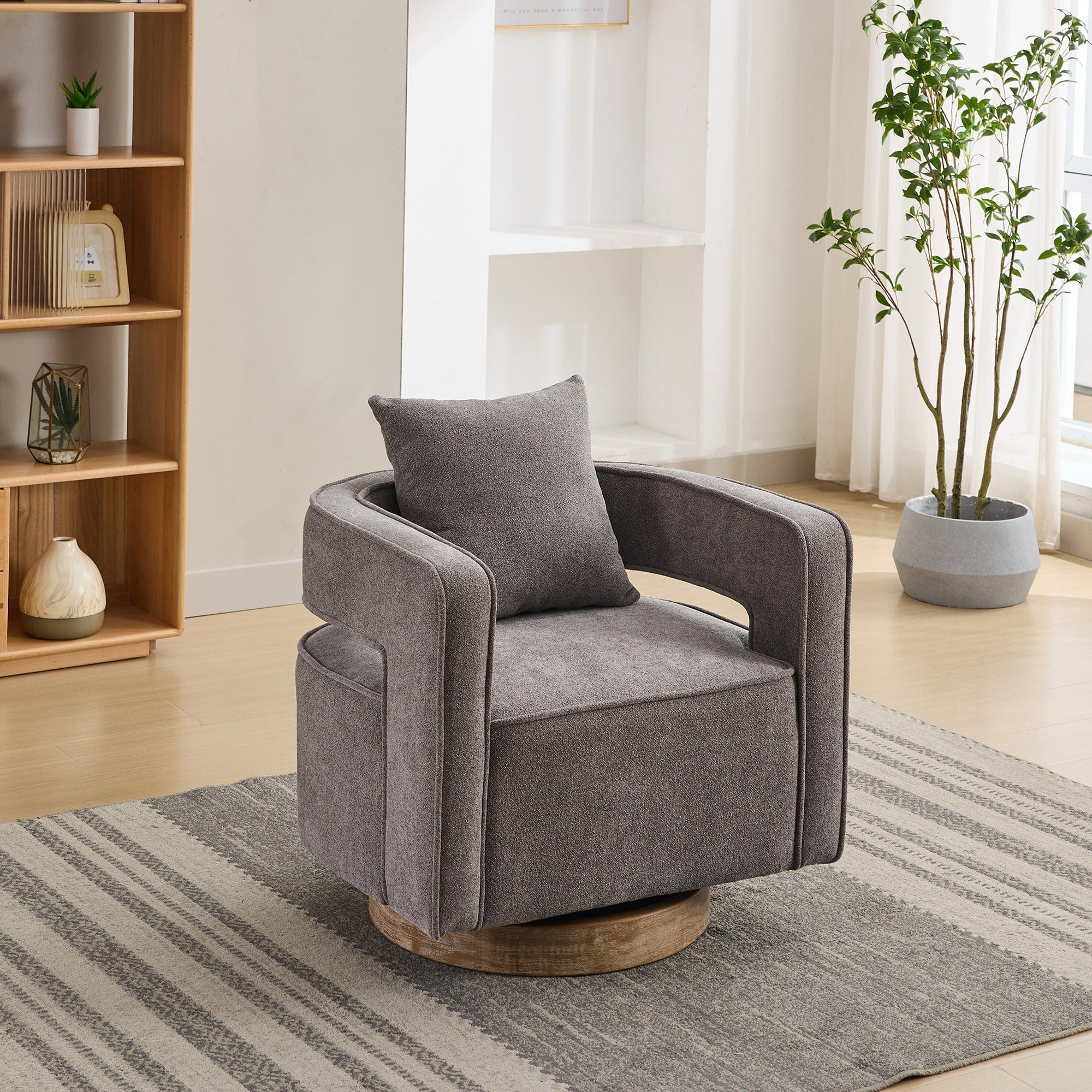 THE FURNITURE CO. Swivel Chair Open Back Charcoal Linen Blend Swivel Accent Chair With Weathered Base