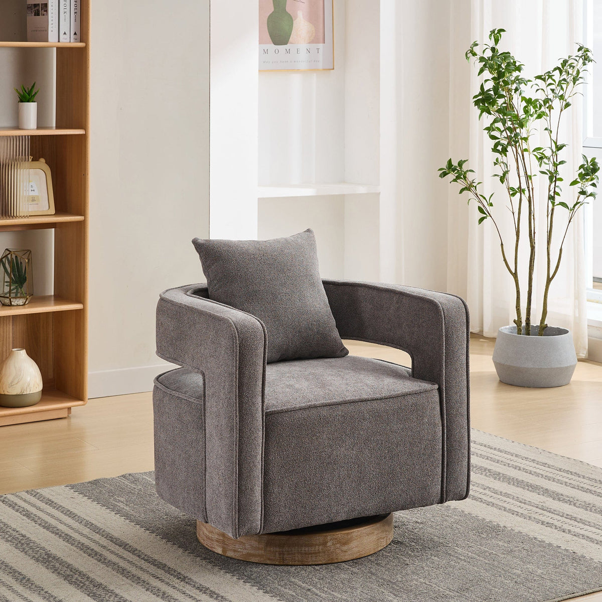 THE FURNITURE CO. Swivel Chair Open Back Charcoal Linen Blend Swivel Accent Chair With Weathered Base