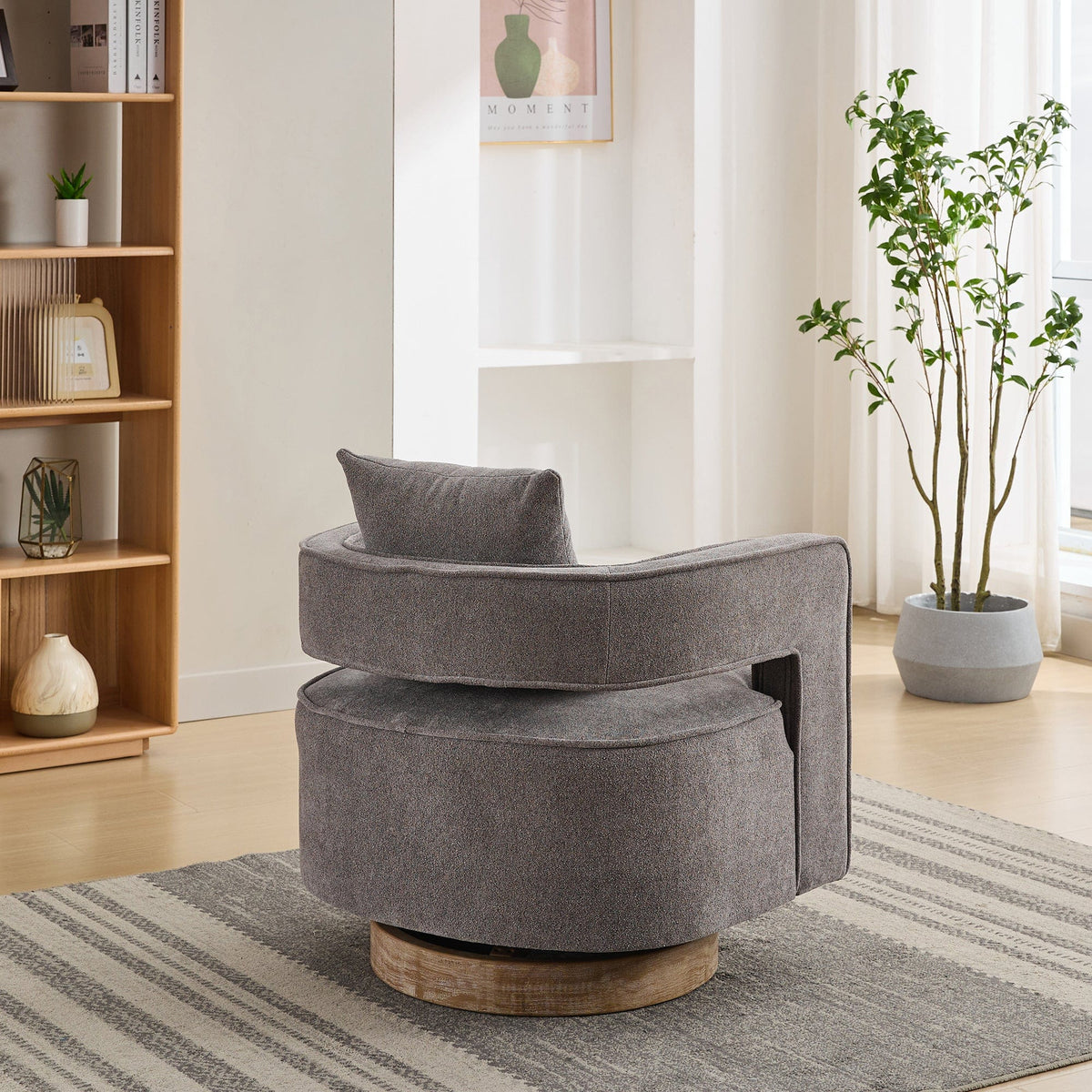 THE FURNITURE CO. Swivel Chair Open Back Charcoal Linen Blend Swivel Accent Chair With Weathered Base