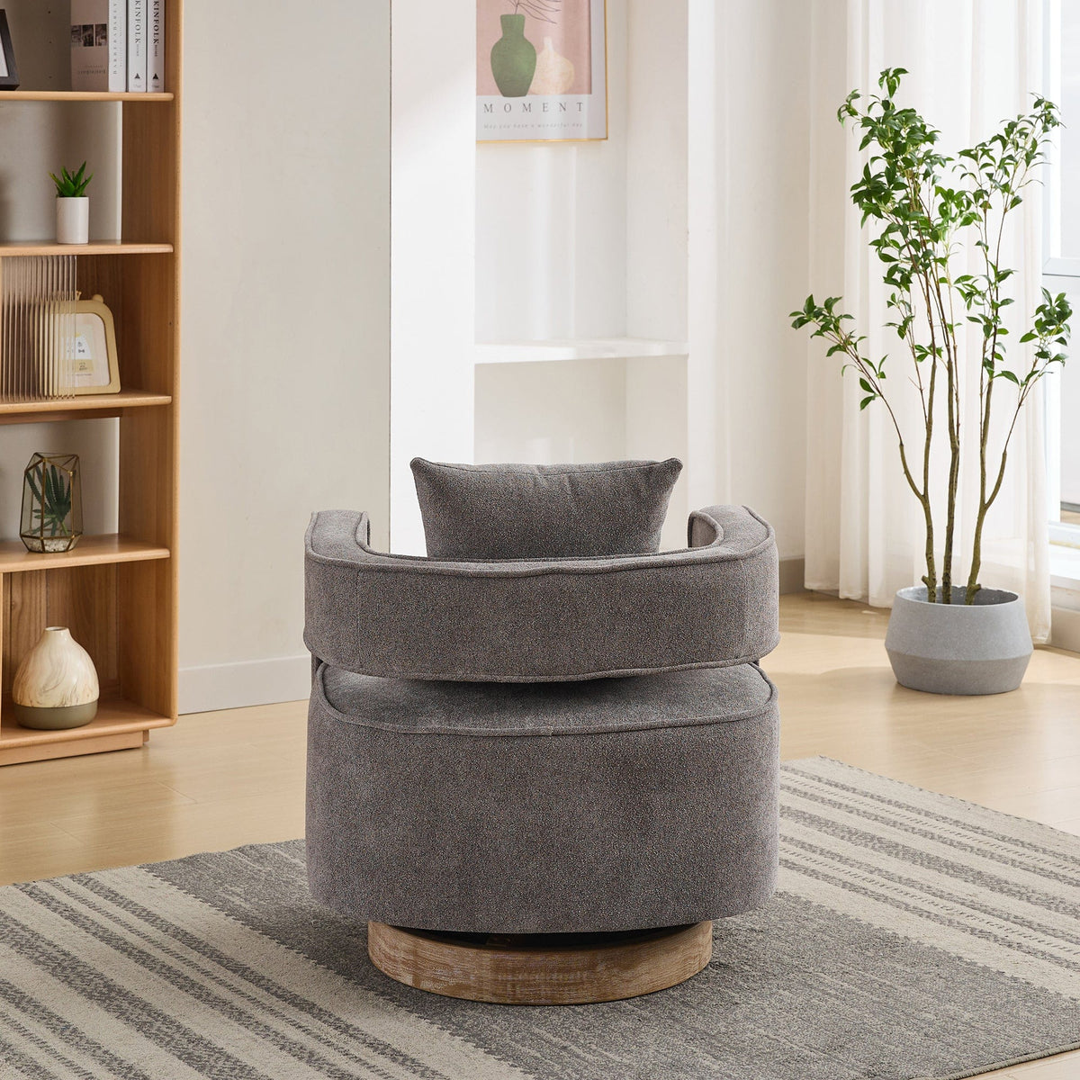THE FURNITURE CO. Swivel Chair Open Back Charcoal Linen Blend Swivel Accent Chair With Weathered Base