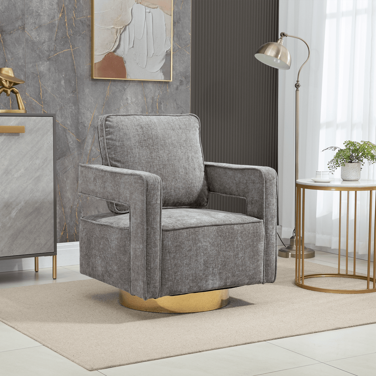 THE FURNITURE CO. Swivel Chair Open Back Gray Chenille Swivel Accent Chair With Gold Stainless Steel Base
