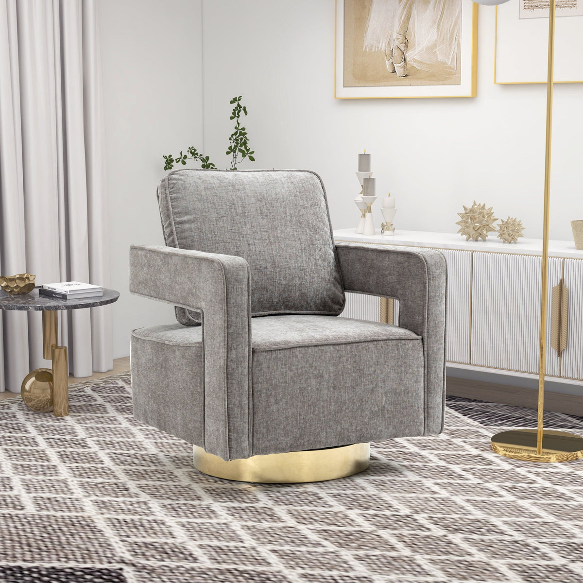 THE FURNITURE CO. Swivel Chair Open Back Gray Chenille Swivel Accent Chair With Gold Stainless Steel Base