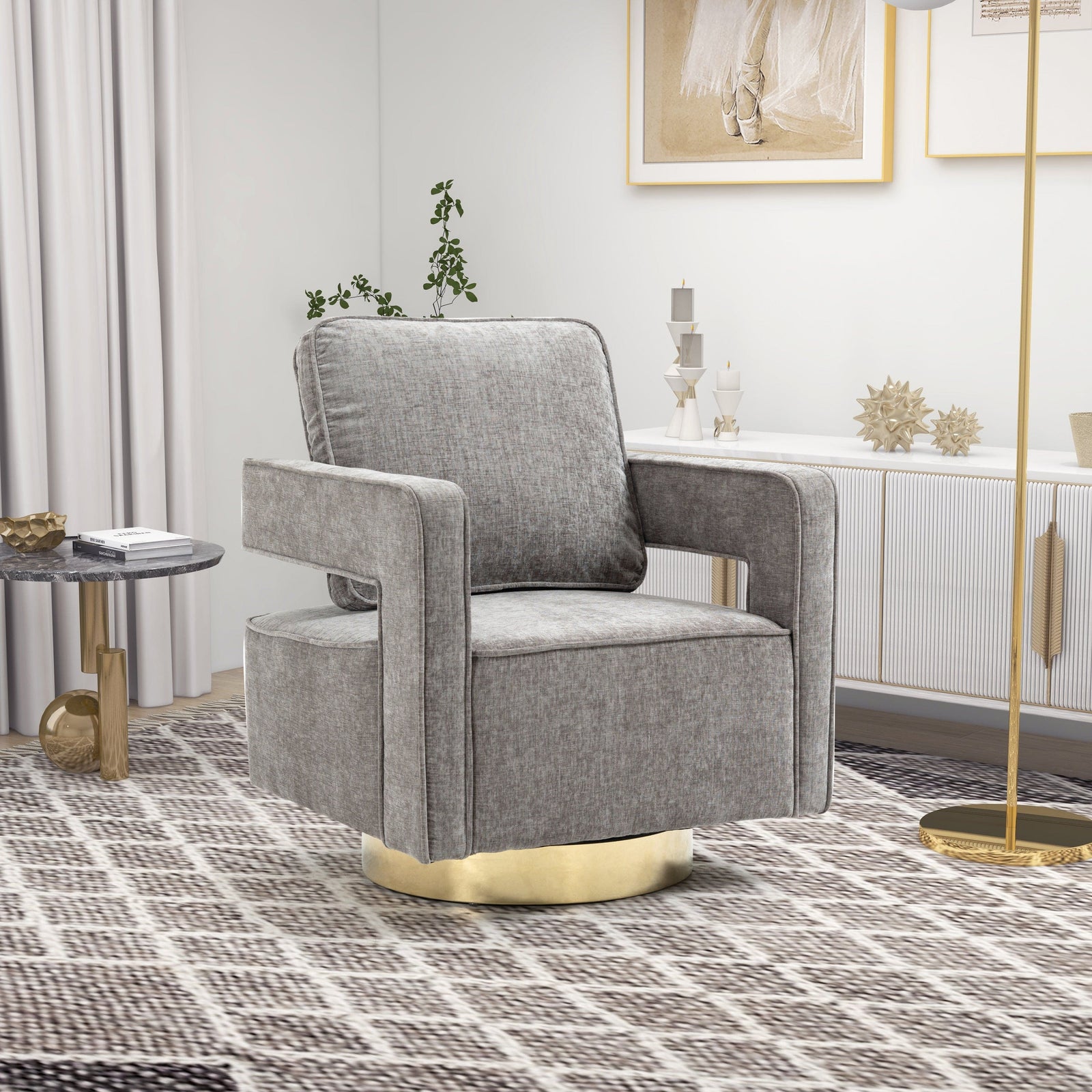 THE FURNITURE CO. Swivel Chair Open Back Gray Chenille Swivel Accent Chair With Gold Stainless Steel Base