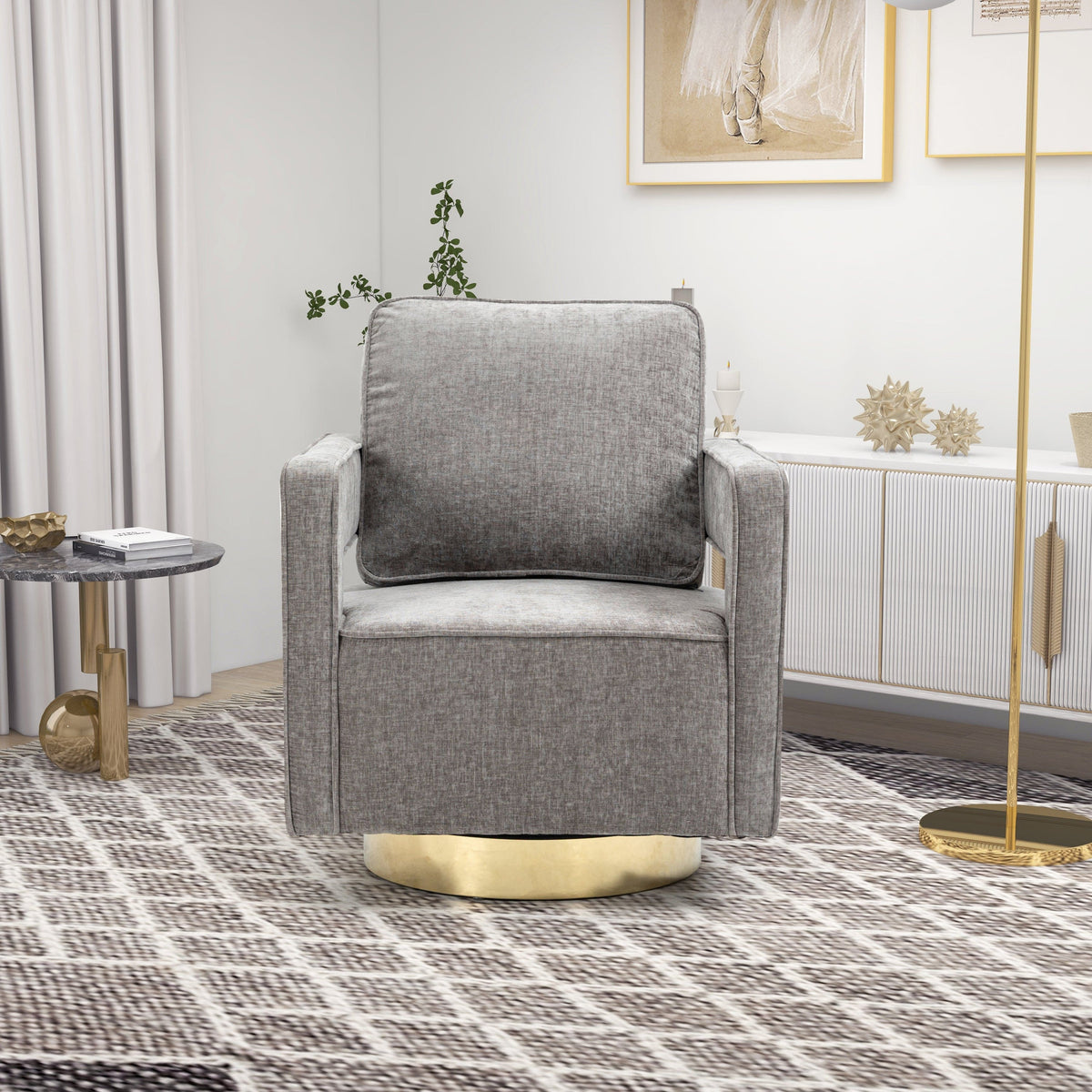 THE FURNITURE CO. Swivel Chair Open Back Gray Chenille Swivel Accent Chair With Gold Stainless Steel Base